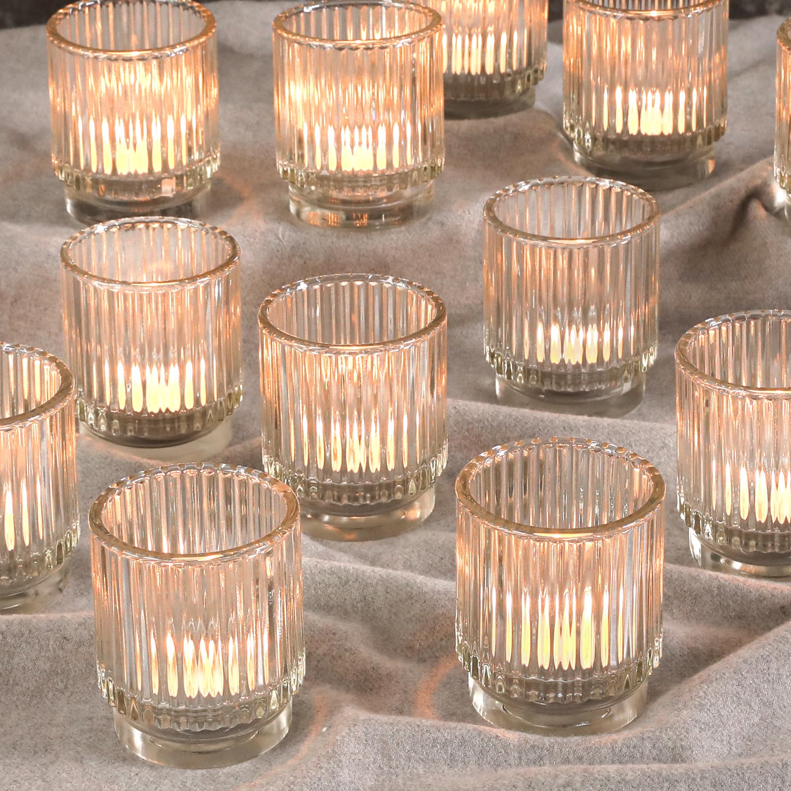 Vintage Ribbed Clear Glass Tealight & Votive Candle Holders (Set of 12), Wedding Bridal Shower Party Table Decor, Fall Decor, Boho Decor, Shelf