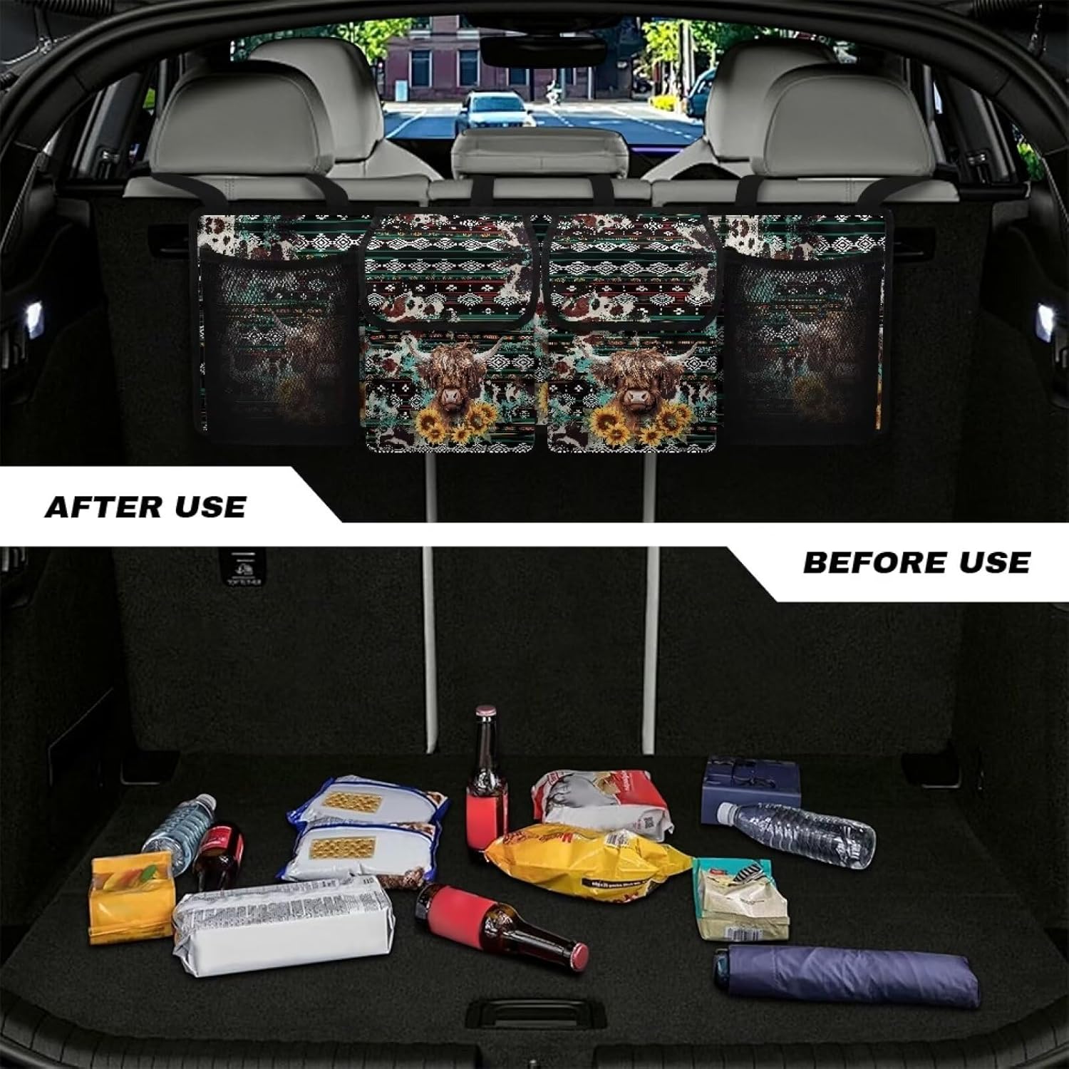 Aztecs Highland Cow Car Hanging Trunk Organizer,Sunflowers Waterproof Oxford Cloth Backseat Hanging Organizer,Universal Car Accessories