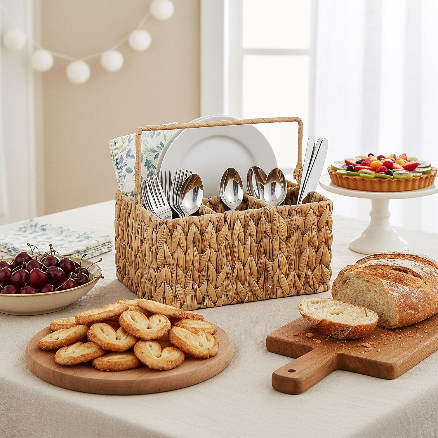 Hand-Woven Wicker Silverware Organizer - Water Hyacinth Cutlery Holder for Countertop with Handle (1-Pack)