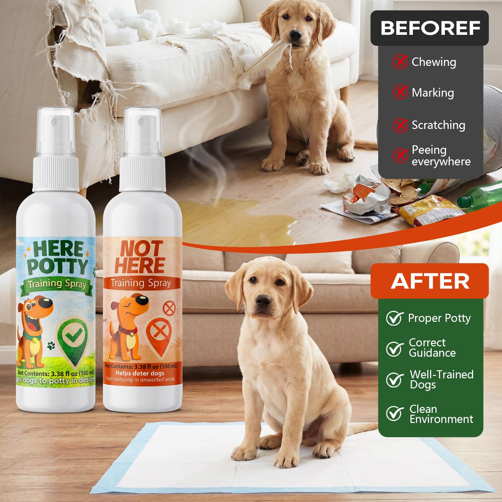 Dog Potty Training Spray for Dogs & Puppies, No-Go Spray & Here Potty Training Spray, Helps Stop Marking & Supports Housebreaking, Safe Gentle Formula, Indoor Outdoor Training Aid - 3.38 fl oz 2 PCS — view 6