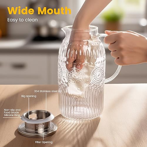 Miniatura 4 de Bandesun Jarra de vidrio con tapa, jarra de agua vintage de 68 onzas2 litros, jarra para preparación fría, café, limonada, té helado, bebidas, jarra
