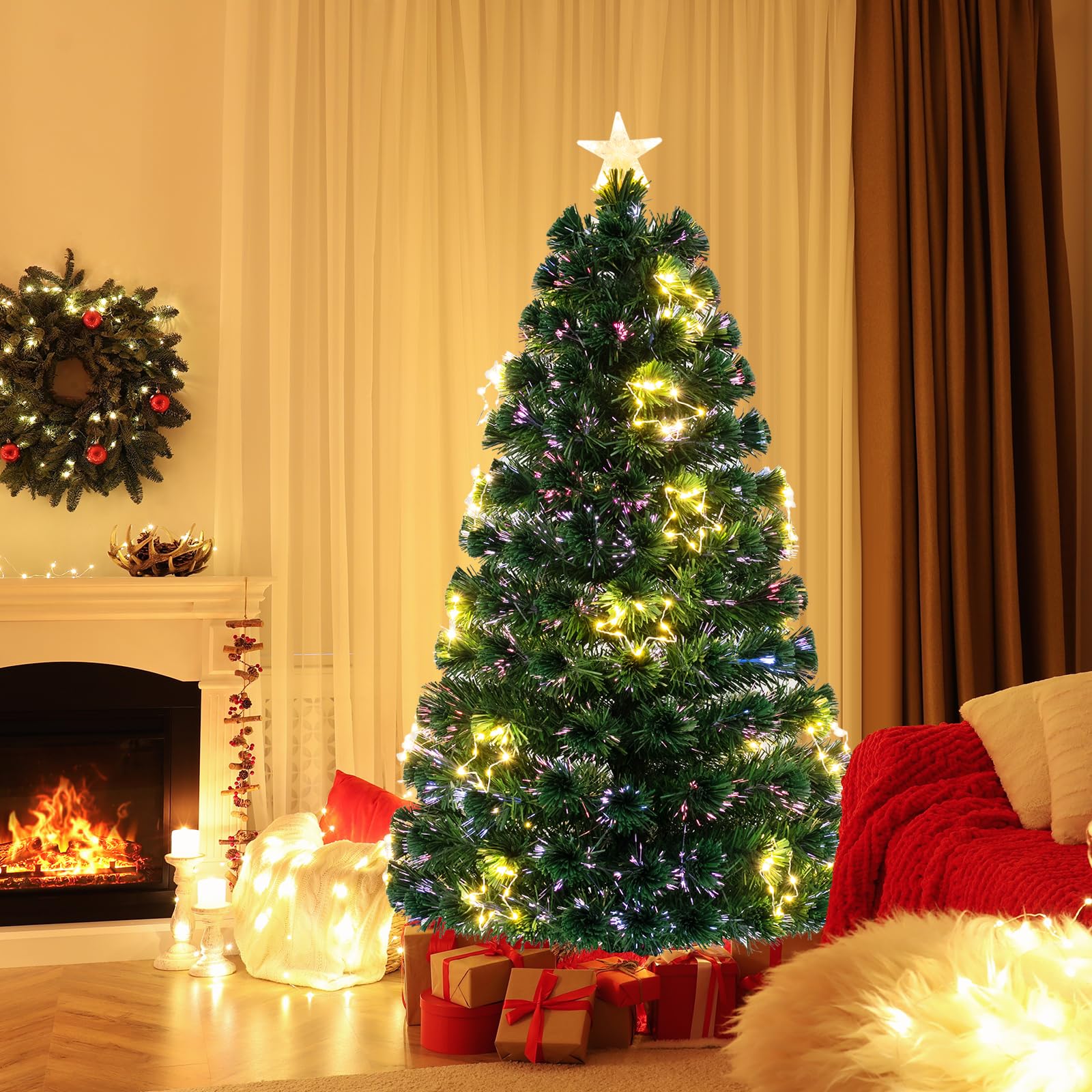 COSTWAY Albero di Natale in Fibra Ottica 120/150/180 cm, Albero di Natale Artificiale Pre-illuminato con 18/24/36 Luci a Stringa, Stella sulla Cima e 130/170/230 Punte dei Rami (150 CM)