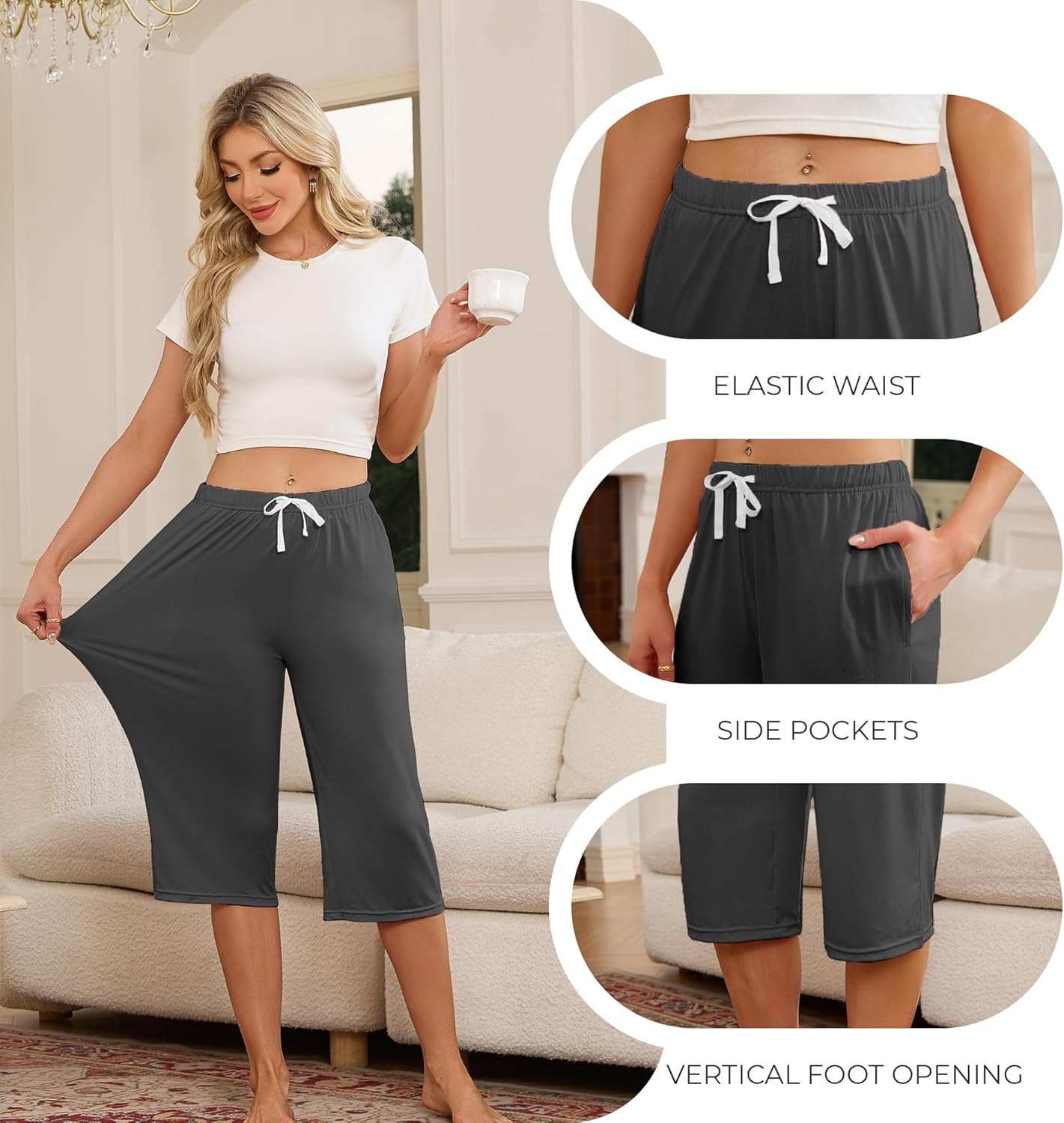 U2SKIIN 3 Pack Womens Pajama Pants Capri Lounge with Pockets Comfy Drawstring Pj Bottoms Casual Summer Sleep - Image 3