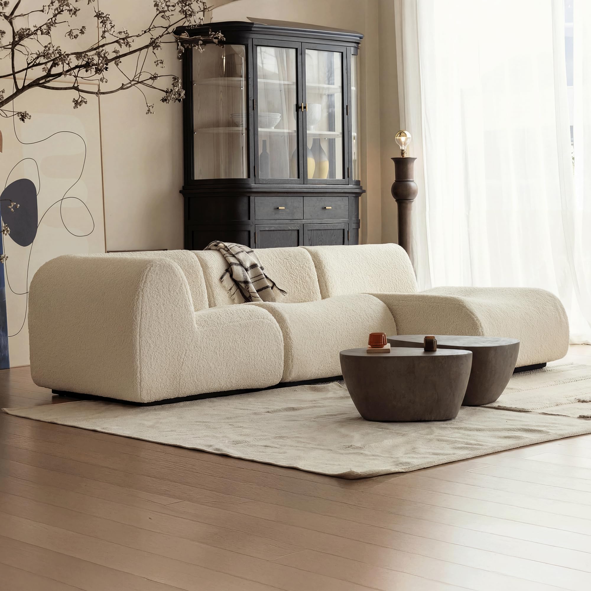 283 cm Curved Modulsofa mit Chaiselongue, Weiß, Bouclé Stoff, Cloud Sofa