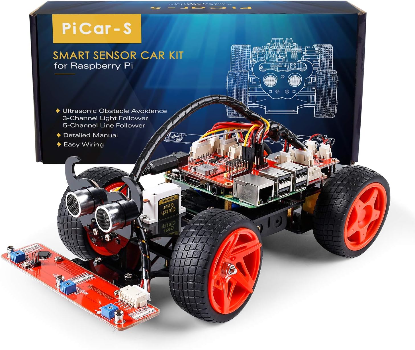 SunFounderRaspberry Pi Car DIY Robot Kit for Adults Picar-s,Visual Programming with Ultrasonic Sensor Light Following Module Line Following Module