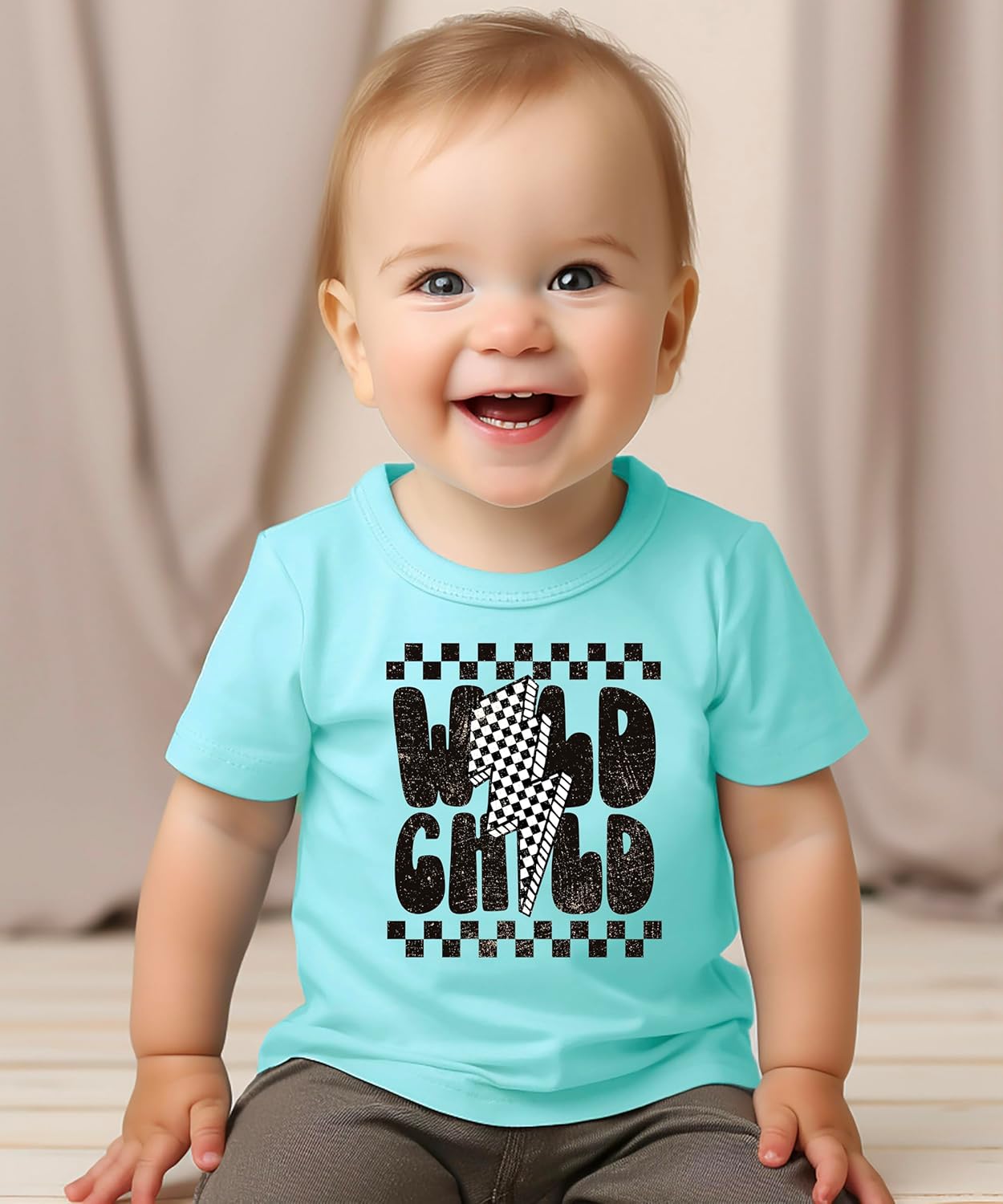 Olive Loves Apple Wild Child Shirt Trendy Checkered Everyday Tee for Youth and Toddler Boys - Image 2