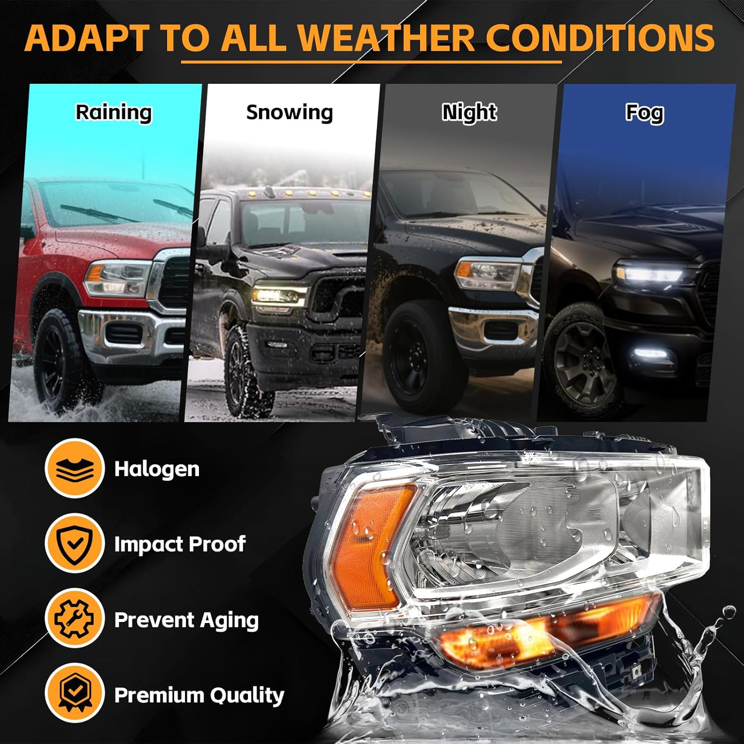 CH2503334 Halogen Headlight Assembly Compatible with 2019-2024 Dodge Ram 2500 3500 Chrome Headlamp Right Passenger Side #68360176AE,68360176AD