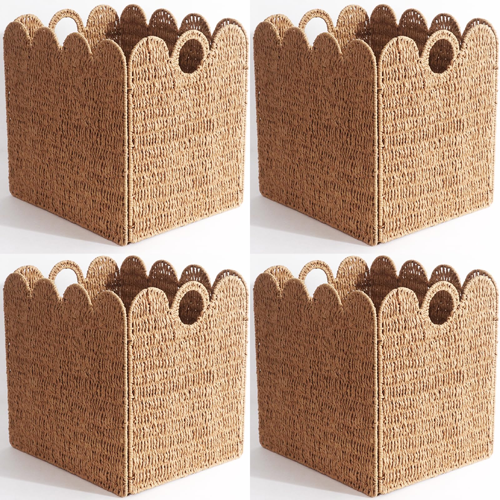 Scalloped Wicker Storage Cubes Basket, 12”x12“ Heavy Duty Paper rope/Hyacinth/Seagrass Baskets for Shelves, Foldable Natural Boho Square Bins (Renewable Paper Rope, 4PC)