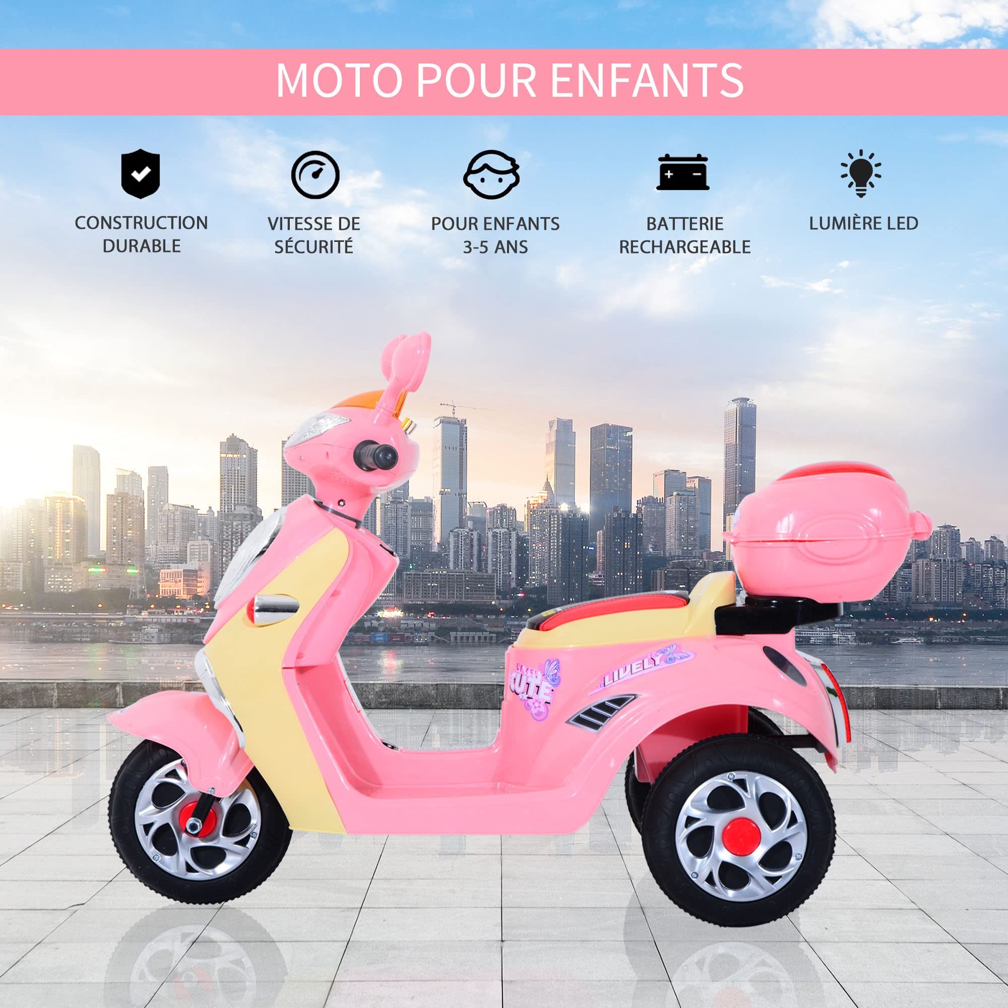 HOMCOM® Scooter Électrique 6 V pour Enfant 108 x 51 x 75 cm Rose/Blanc | 3 Ans, Métal + Polypropylène