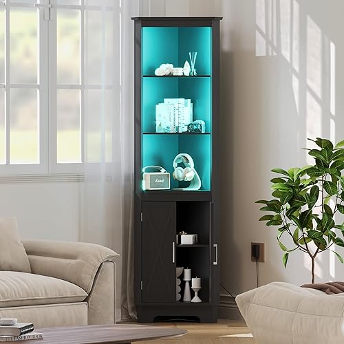 ChooChoo Armario esquinero con luz LED, estante esquinero de 66.9 pulgadas con puertas, armario de almacenamiento esquinero de 5 niveles de alto con