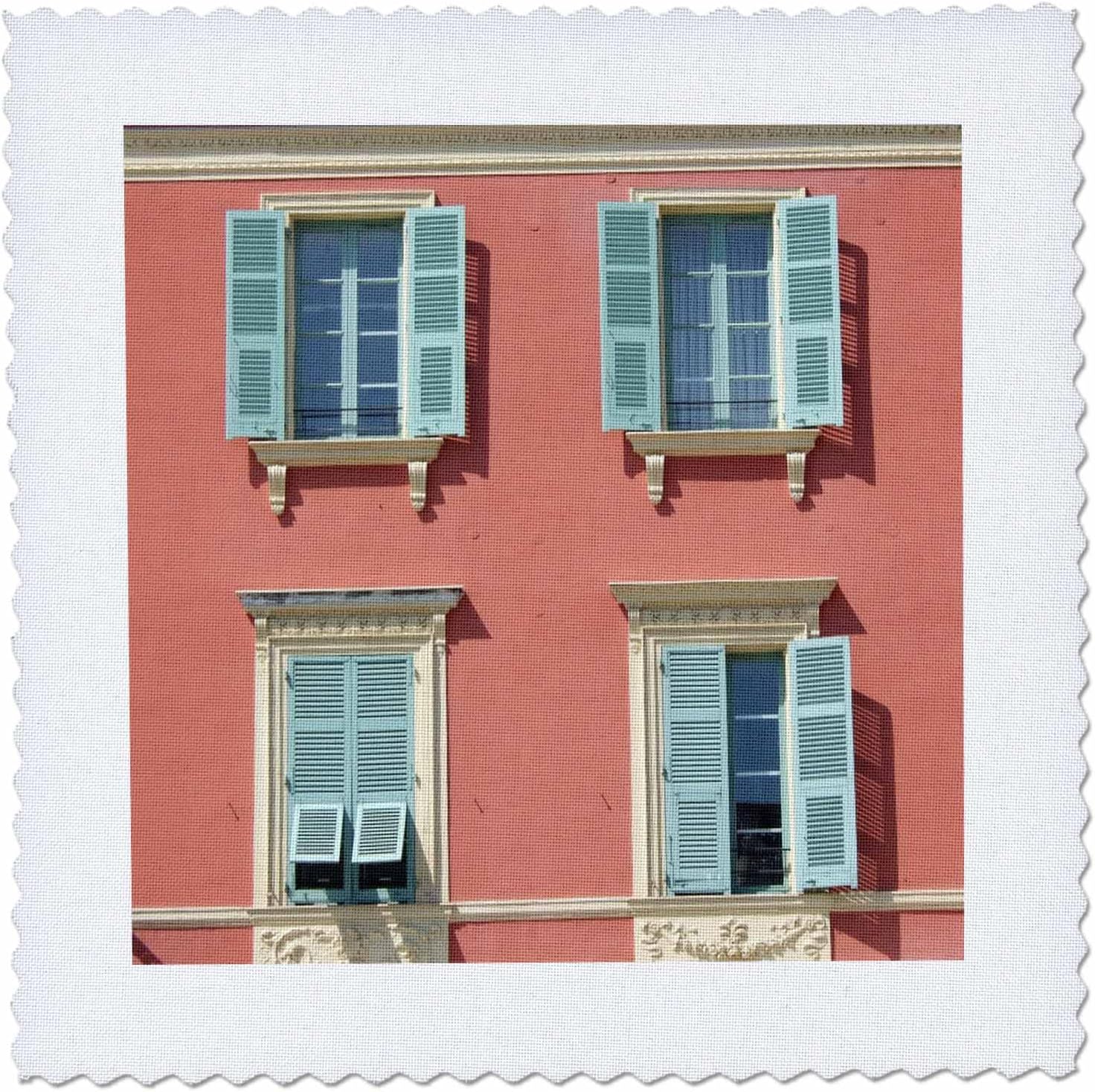 3dRose Quaint European shuttered Windows in Nice - South of France - Pink Coral Orange and Mint Green Blue 25x25 inch Quilt Square