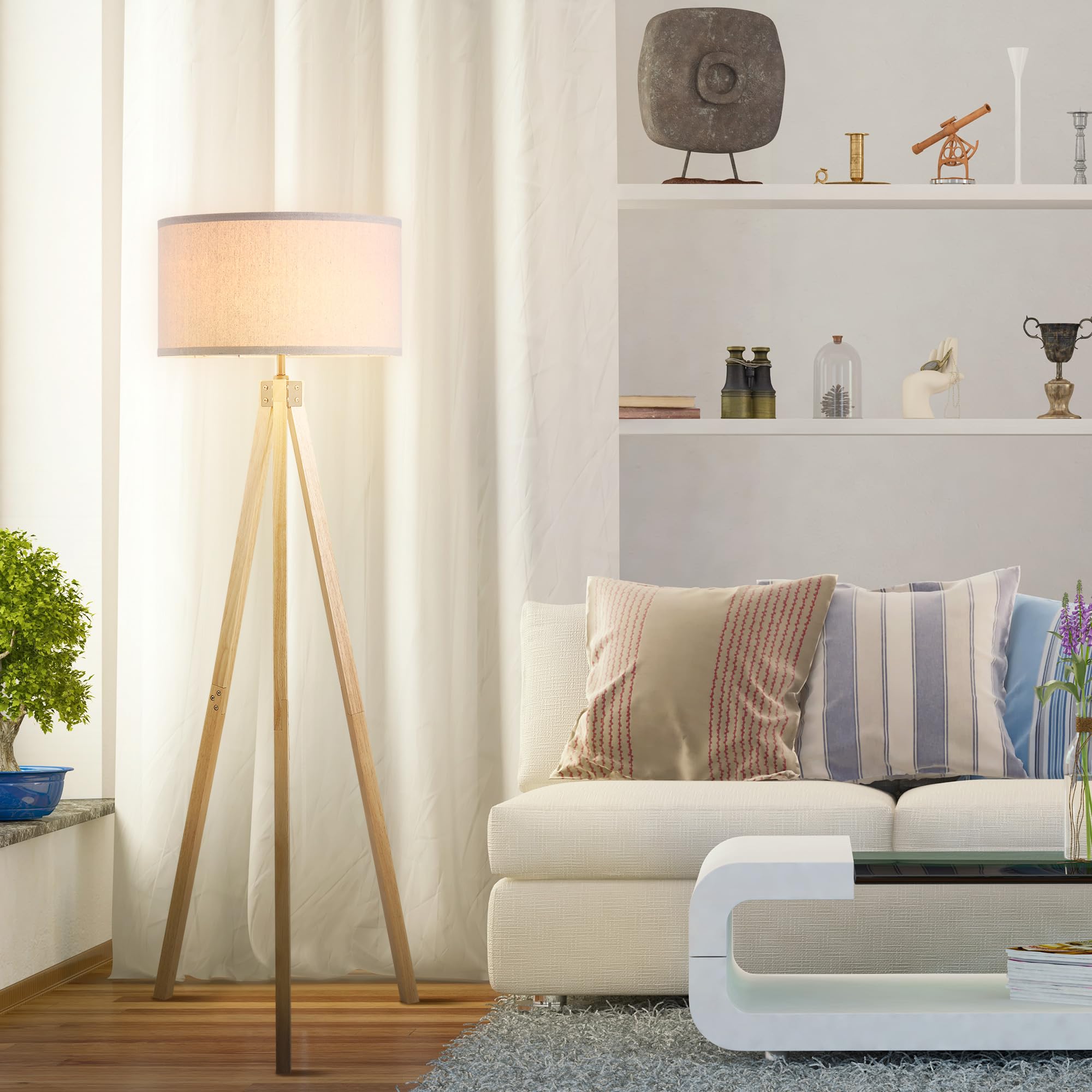 HOMCOM - Lámpara de pie trípode estilo escandinavo (40 W, máx. Dom. 45 x 45 x 152 cm. Madera de pino lino beige