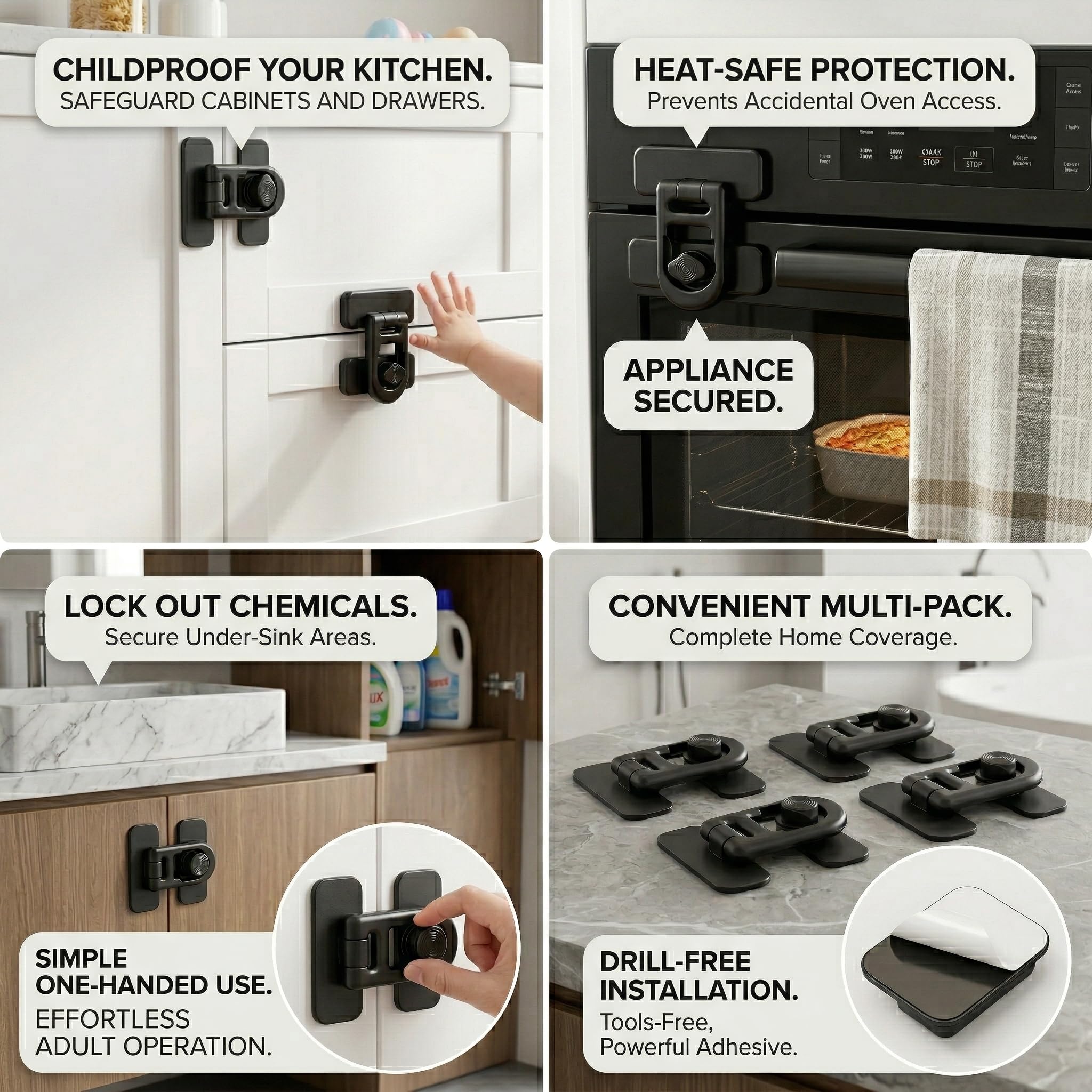 verrou sécurité Enfant lot 6 verrou frigo Placard adhésif ABS Noir sans perçage sécurité tiroir congélateur Cuisine Installation Facile Usage Maison