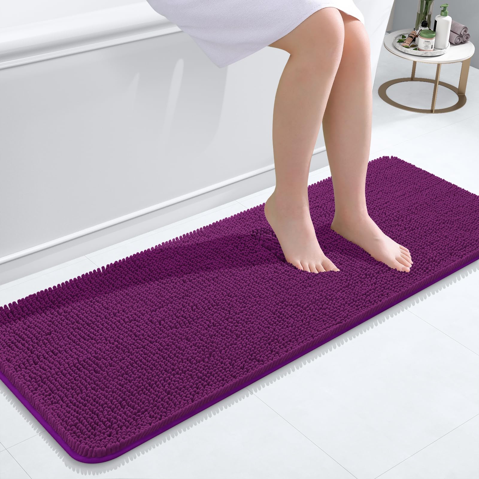OLANLY Bathroom Runner Rugs 47x17, Extra Soft Absorbent Chenille Bath Rugs | Purple, Quick-Drying Rubber Backing, Washable Long Bath Mat for Bathroom Floor, Tub and Shower, Home Decor Accessories