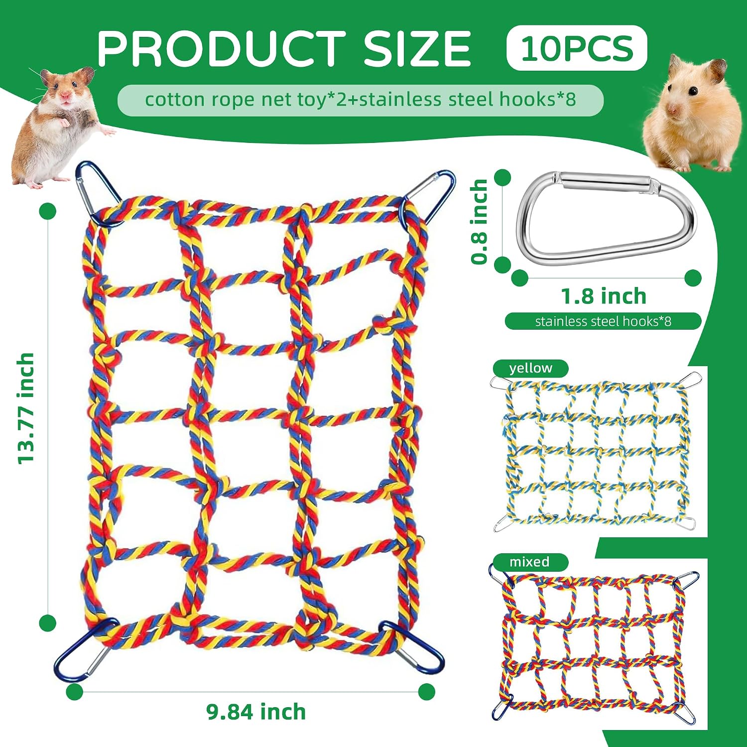 2 Pcs Rat Climbing Ropes for Cage Accessories - Bird Rope Rat Toys - 12.6 x 9.84 inch Hammock - Cotton Rope Bridge - Bird Ladder with 4 Silver Hooks image 2