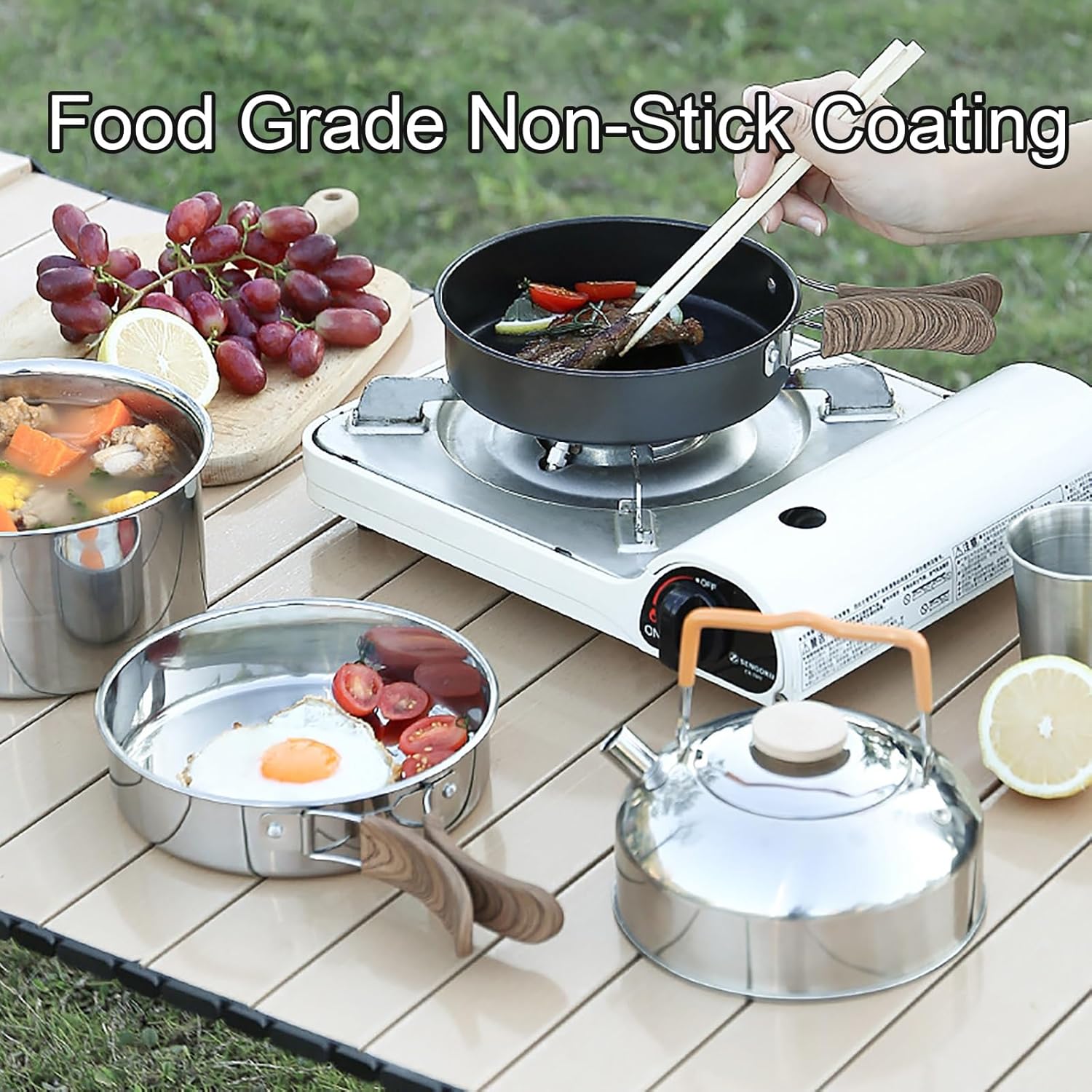 5 Pieces Camping Cookware Set, Outdoor Camping Pan, Folding Handle Camping Pot Pan and Kettle for Home Mountaineering