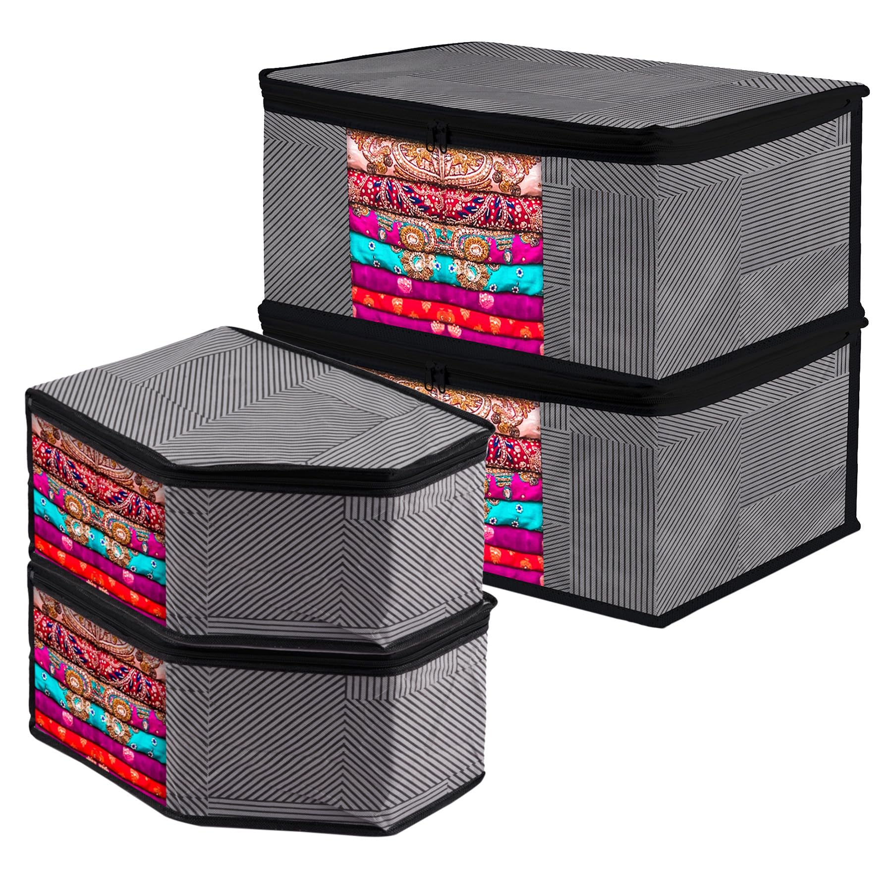 Kuber Industries Saree Cover & Blouse Cover Set | Zipper Closure Saree & Blouse Organizer Combo Set | 2 Pieces Blouse & 2 Pieces Saree Cover Set | Lining-Design | Set of 4 | Gray