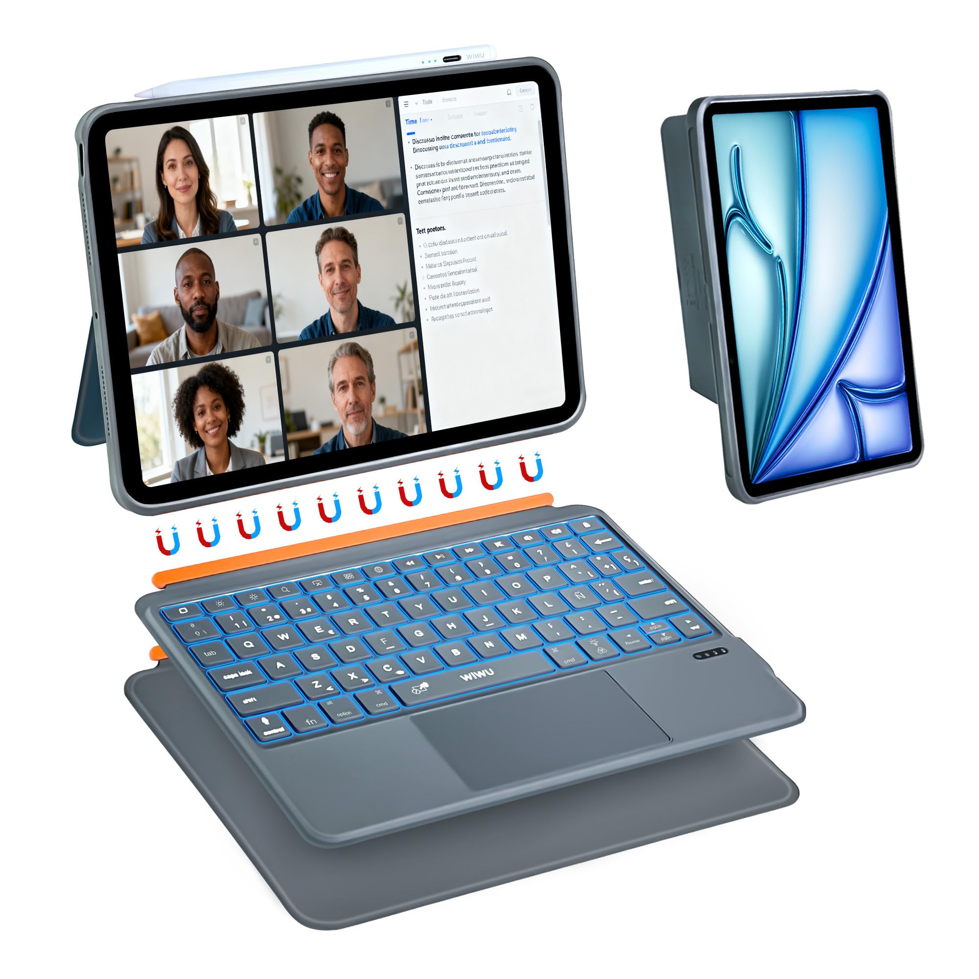 WIWU Teclado iPad Air 11 M4/M3/M2 Funda 11/10 Generación Carcasa Magnética Teclado Desmontable Soporte Ajustable Teclas Retroiluminadas Touchpad (Gris, iPad 11/10/Air 5/4 y iPad Pro 11" 4/3/2/1) Global Recycled Standard Global Recycled Standard Global Recycled Standard