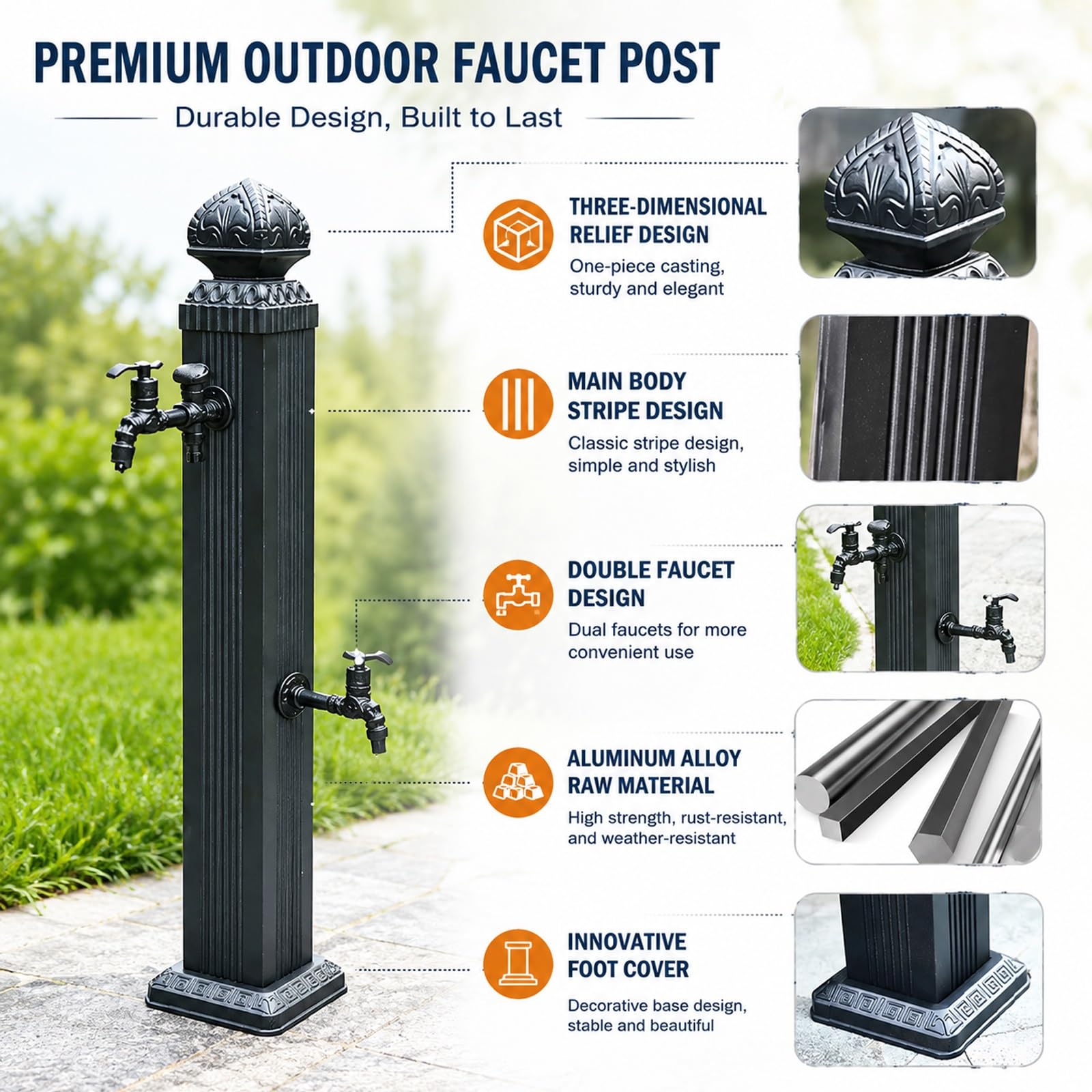 Zewnętrzna Kolumna Wodna z Podwójnym Kranem, Pionowa Kolumna Ogrodowa 110 cm, Słup Aluminiowy z Izolacją Przeciw Zamarzaniu