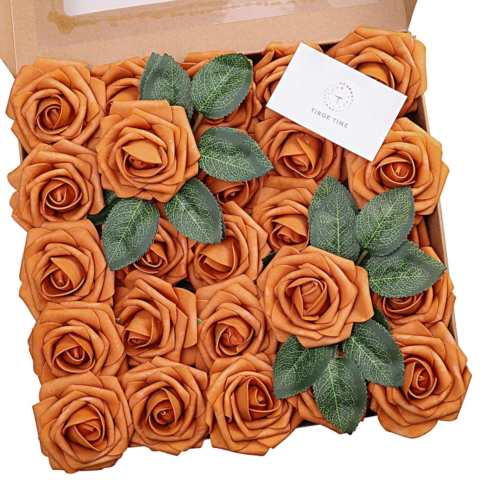 TINGE TIME Burnt Orange Flowers Artificial Rose, 25pcs Faux Flowers for Decorations, Fake Foam Roses Bulk with Floral Arrangements Wedding Bouquets Bridal Shower Party Home Decor