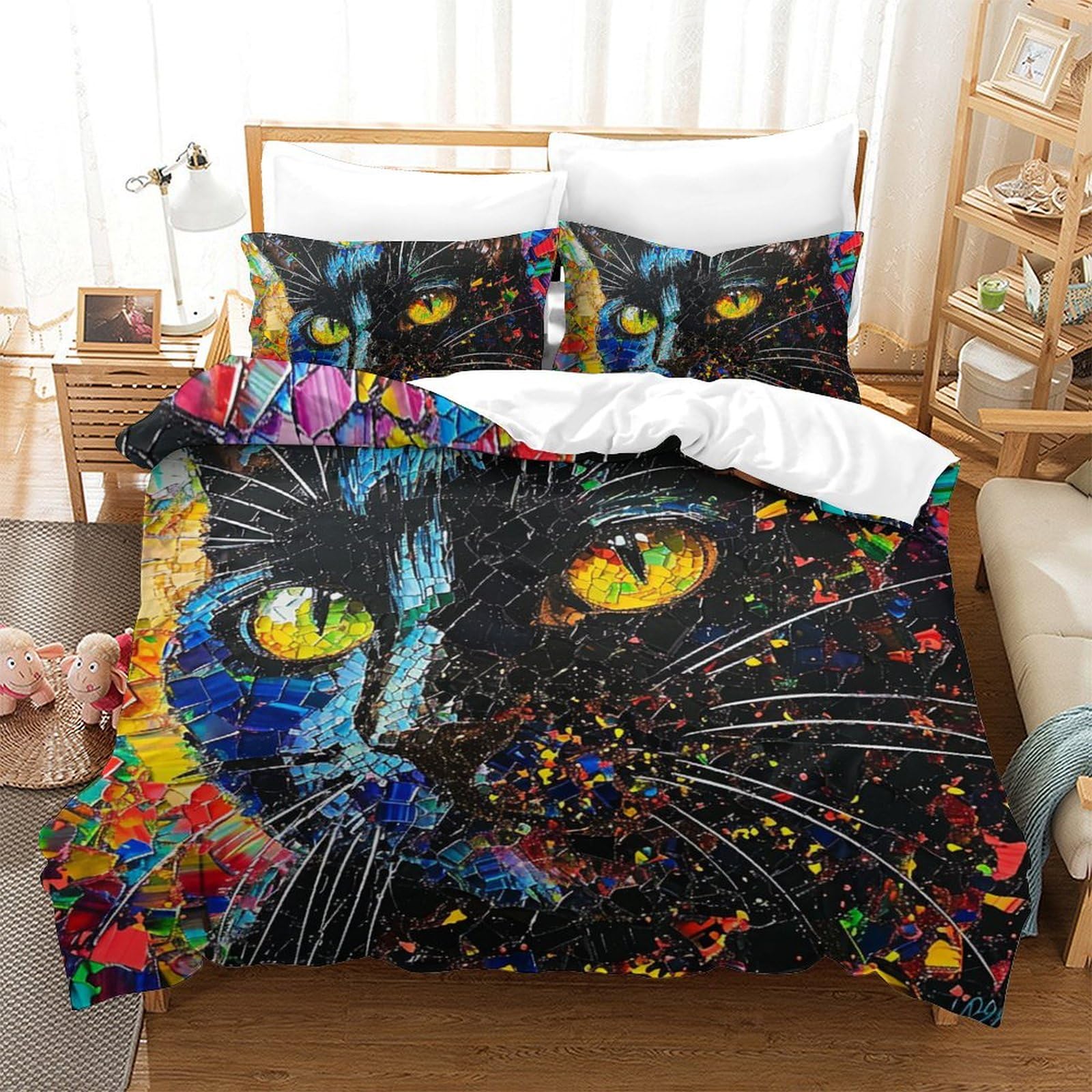 Housse de couette zippée chat 3D 200x200 cm en microfibre douce anti-glissement