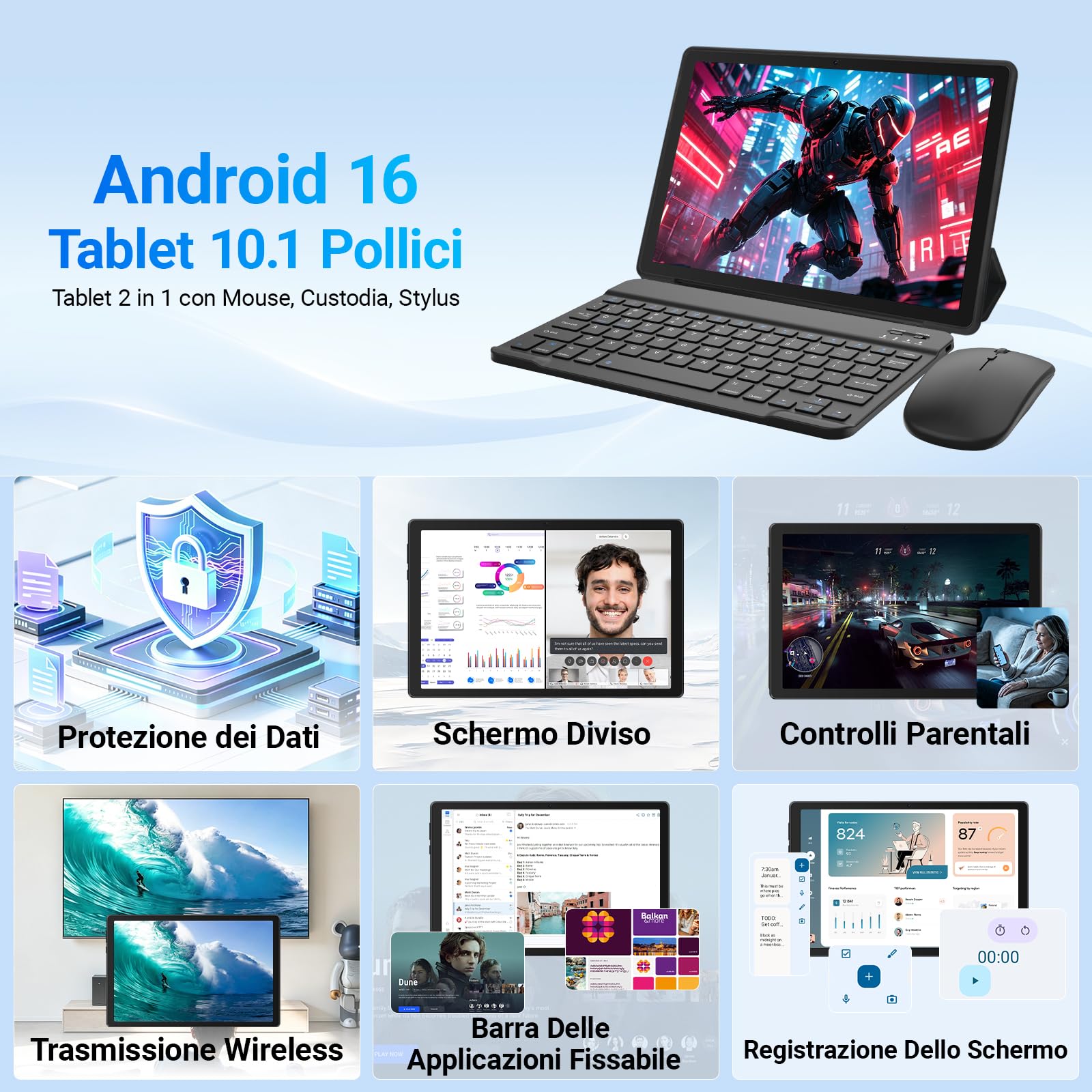 Gleeso Tablet Android 16 da 10 Pollici, Tablet con Tastiera 20GB+TF 1TB, Android Tablet PC con Mouse, Penna Stylus, 6000mAh, Fotocamera da 8MP, WiFi 5G, Laptop Portatile per Studenti e Aziende