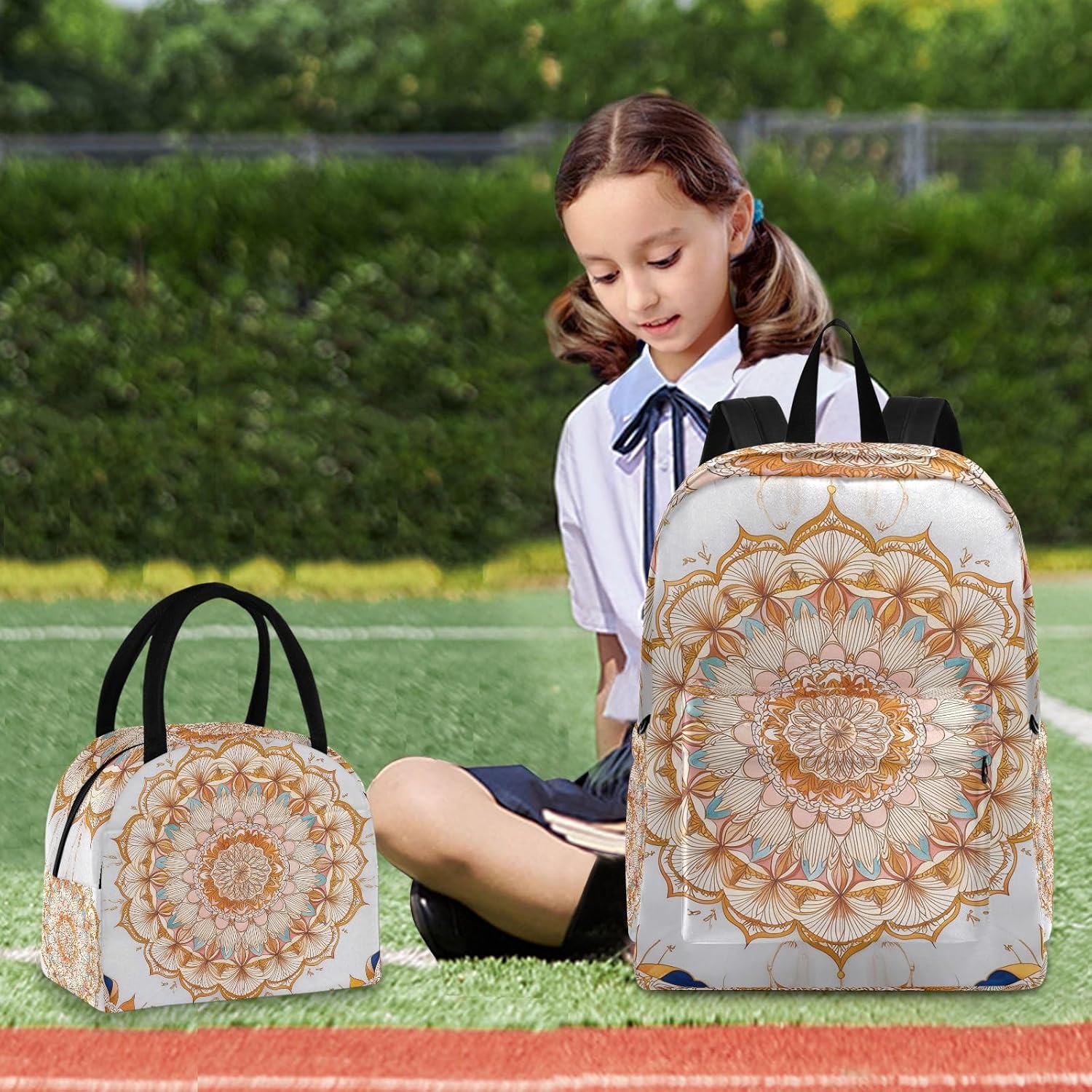 Mandala Luxury Laptop Backpack and Insulated Lunch Bag Set for Work Picnic - Fits 15.6 Inch Computer, Lightweight with Organizer Pockets for Women Men