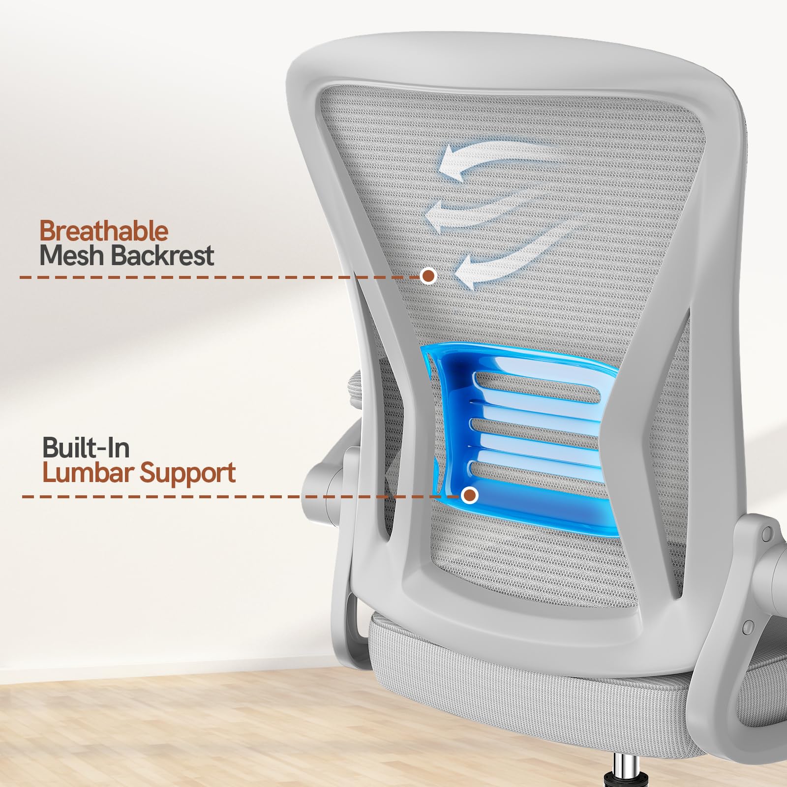 Silla de oficina ergonómica con reposabrazos abatibles de 90° y soporte lumbar, cojín de asiento de esponja de alta densidad, con elevación de gas (capacidad de 150 kg) y respaldo de malla