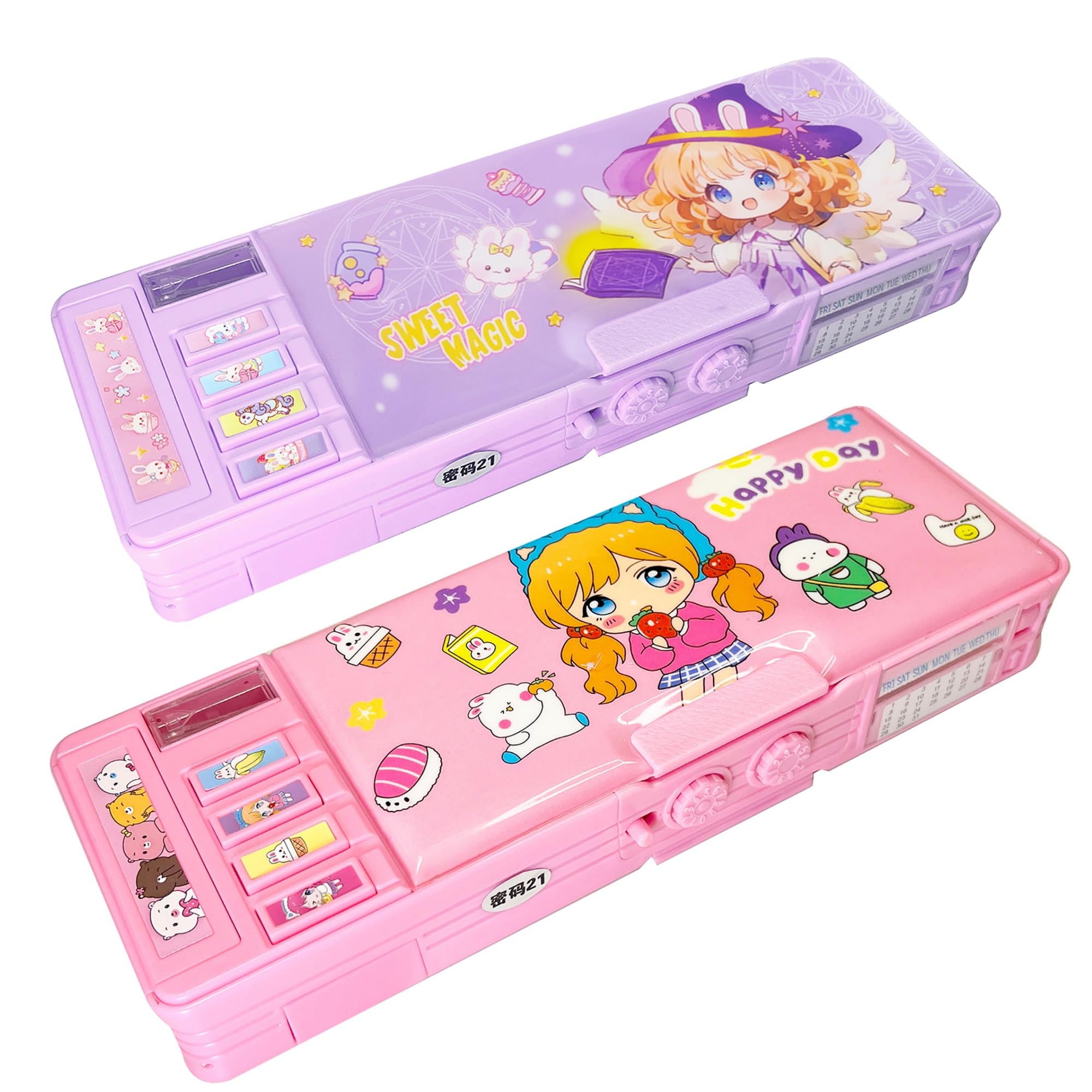 【2Pack】Pop Up Multifunction Pencil Case for Girls and Boys, Cute Cartoon Pen Box Organizer Stationery with Lock, Sharpener, Schedule, Whiteboard,
