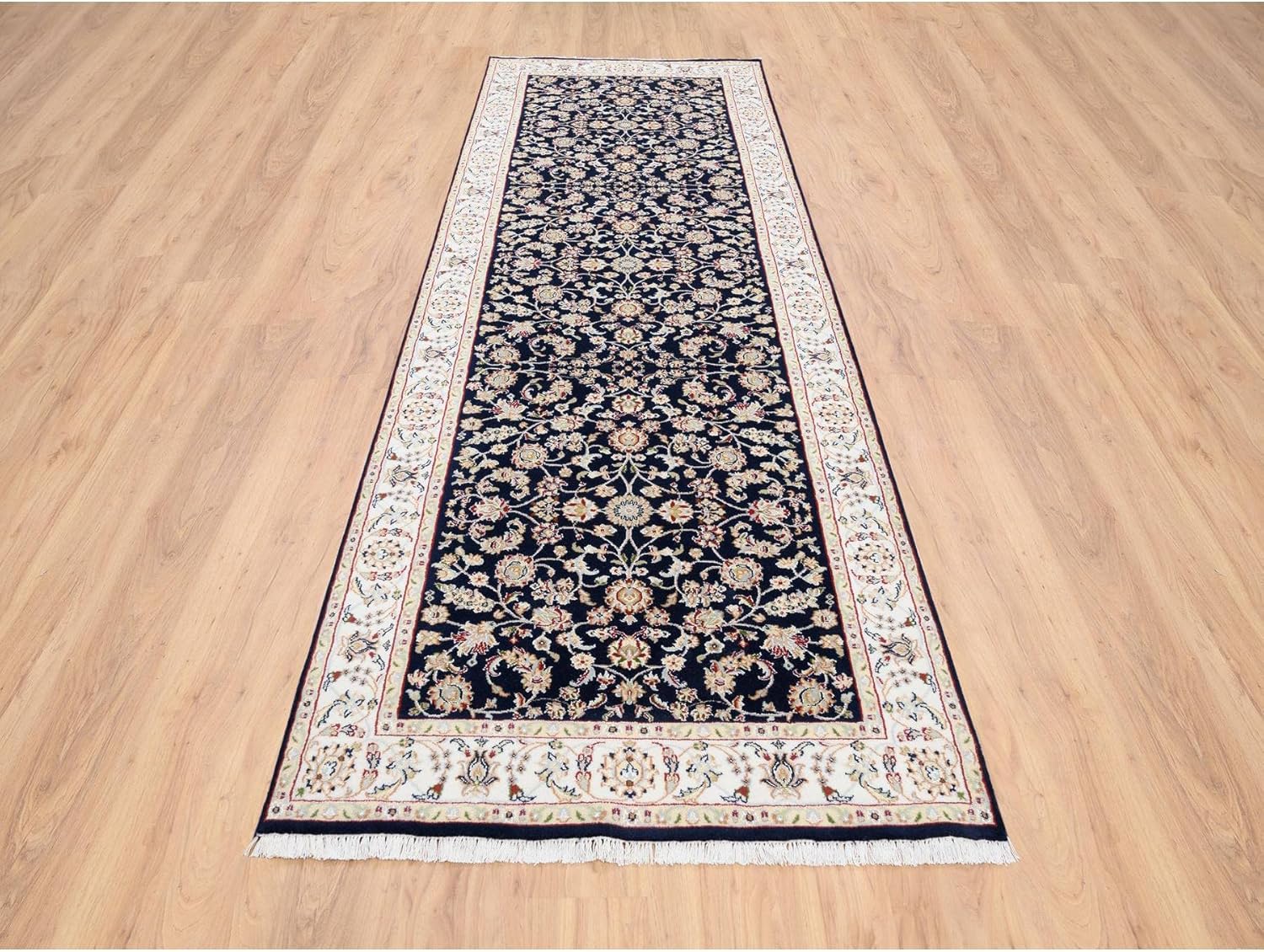 Midnight Blue Wool 250 KPSI Hand Knotted Nain All Over Flower Design Fine Runner Oriental Rug (2'8"x9'10")
