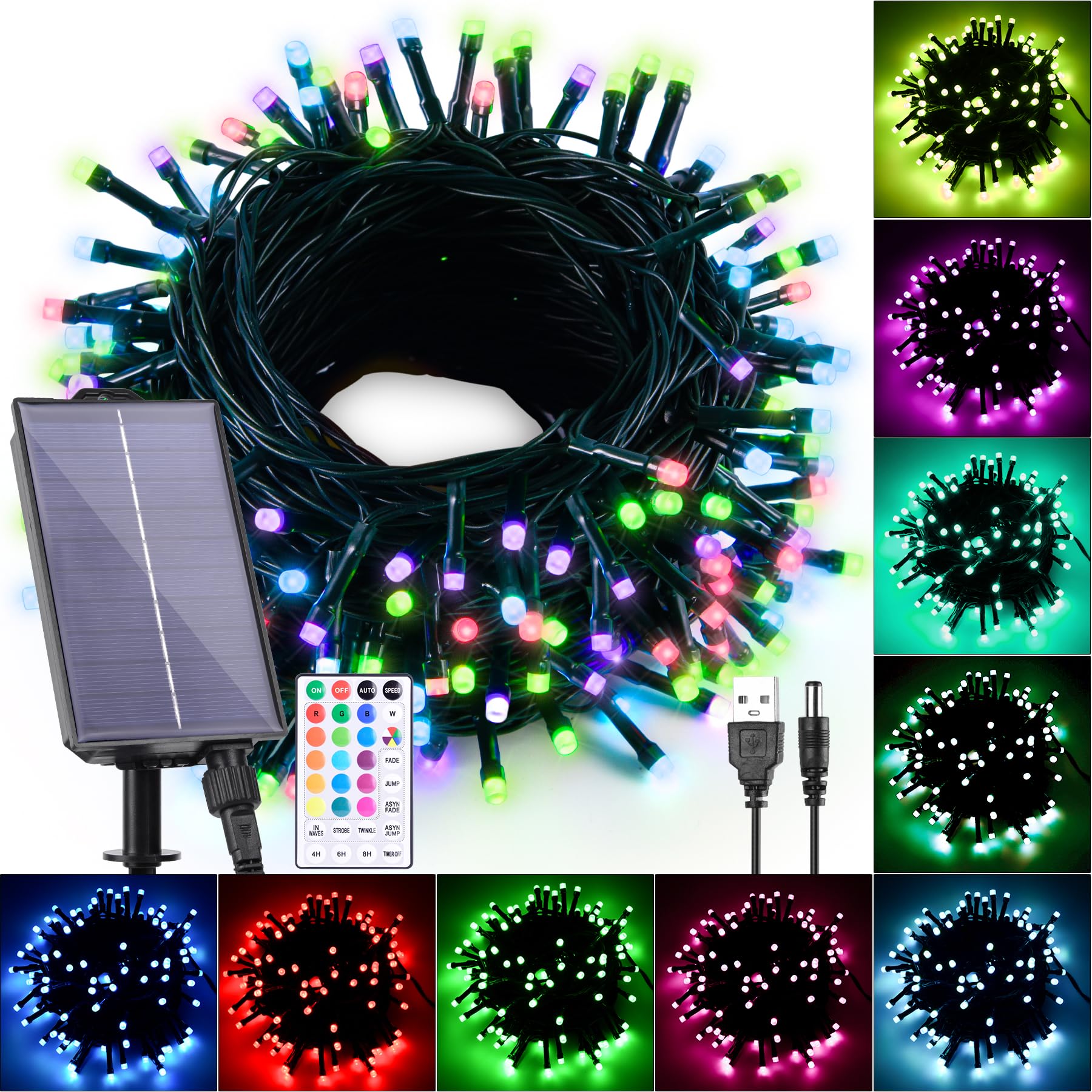 Solar-Lichterkette für den Außenbereich, wasserdicht, 12 m, 18 Farben wechselnd, 100 LEDs, solarbetrieben und USB mit Fernbedienung, RGB-Lichterkette für den Außenbereich, Baumzaun, Party