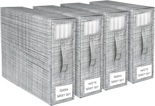 Paquete de 4 bolsas de organización y almacenamiento debajo de la cama, contenedores organizadores plegables de lino con etiquetas y asas para ropa,