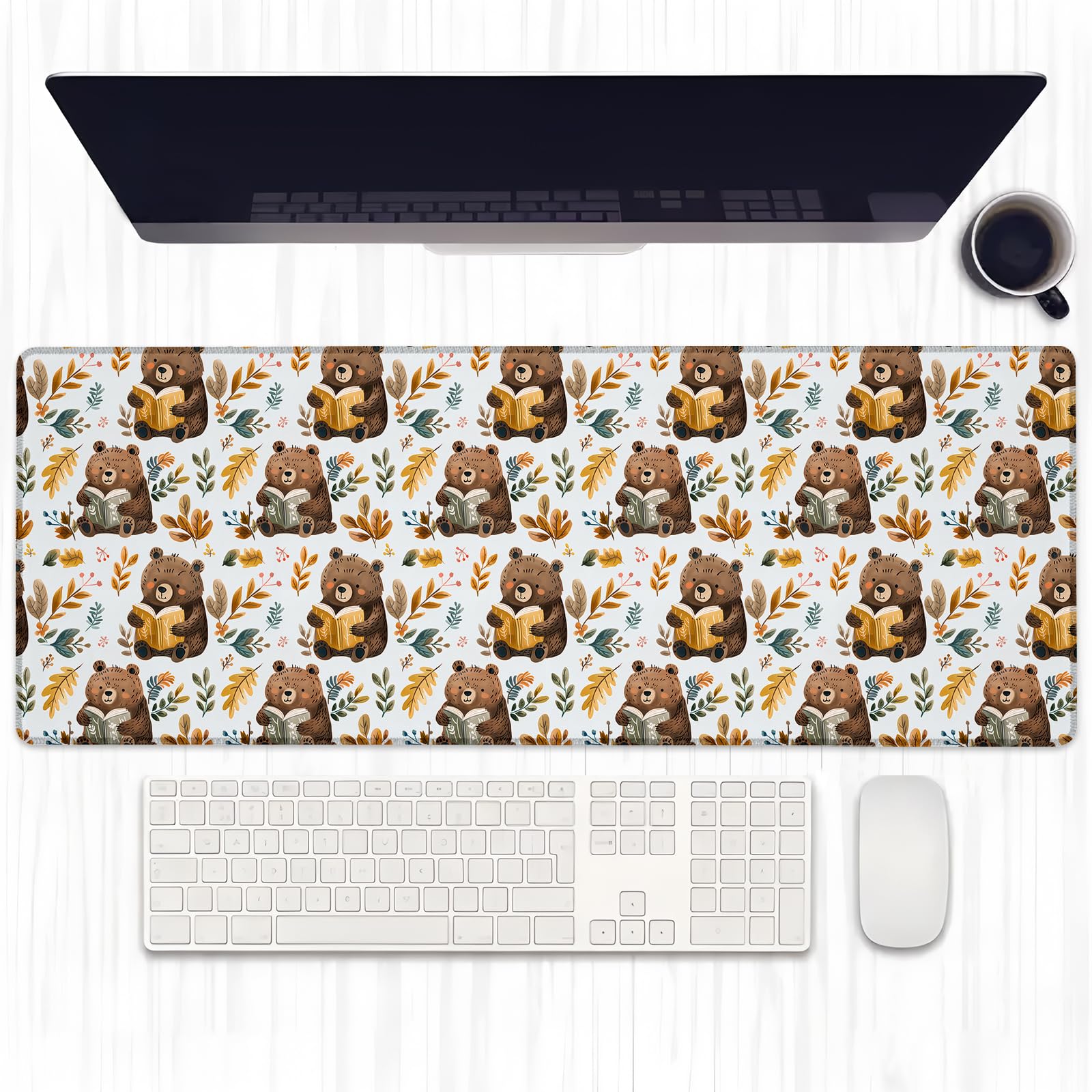 Ti Caldi Cute Bear Reading Book Gaming Mouse Pad, Extended Adorable Bears Desk Mat Computer Laptop Mousepad, Robust Stitched Edges, 31.5"×11.8" Large Office Keyboard Mouse Pads for Home Desktop Decor