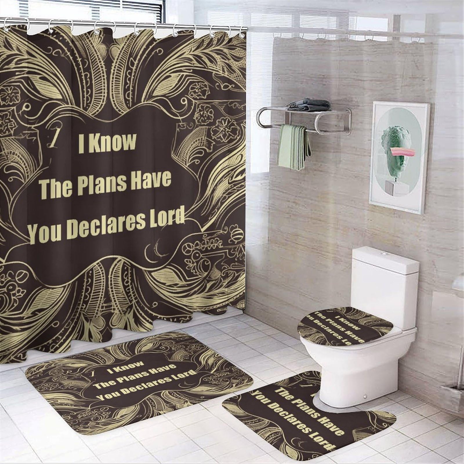 Btcowzrv Style I Know The Plans Have You Declares Lord 4Pcs Shower Curtain Set With Non-Slip Bath Mat, U Shaped Mat, Toilet Lid Cover, Waterproof Shower Curtain (12 Hooks Included) For Bathroom