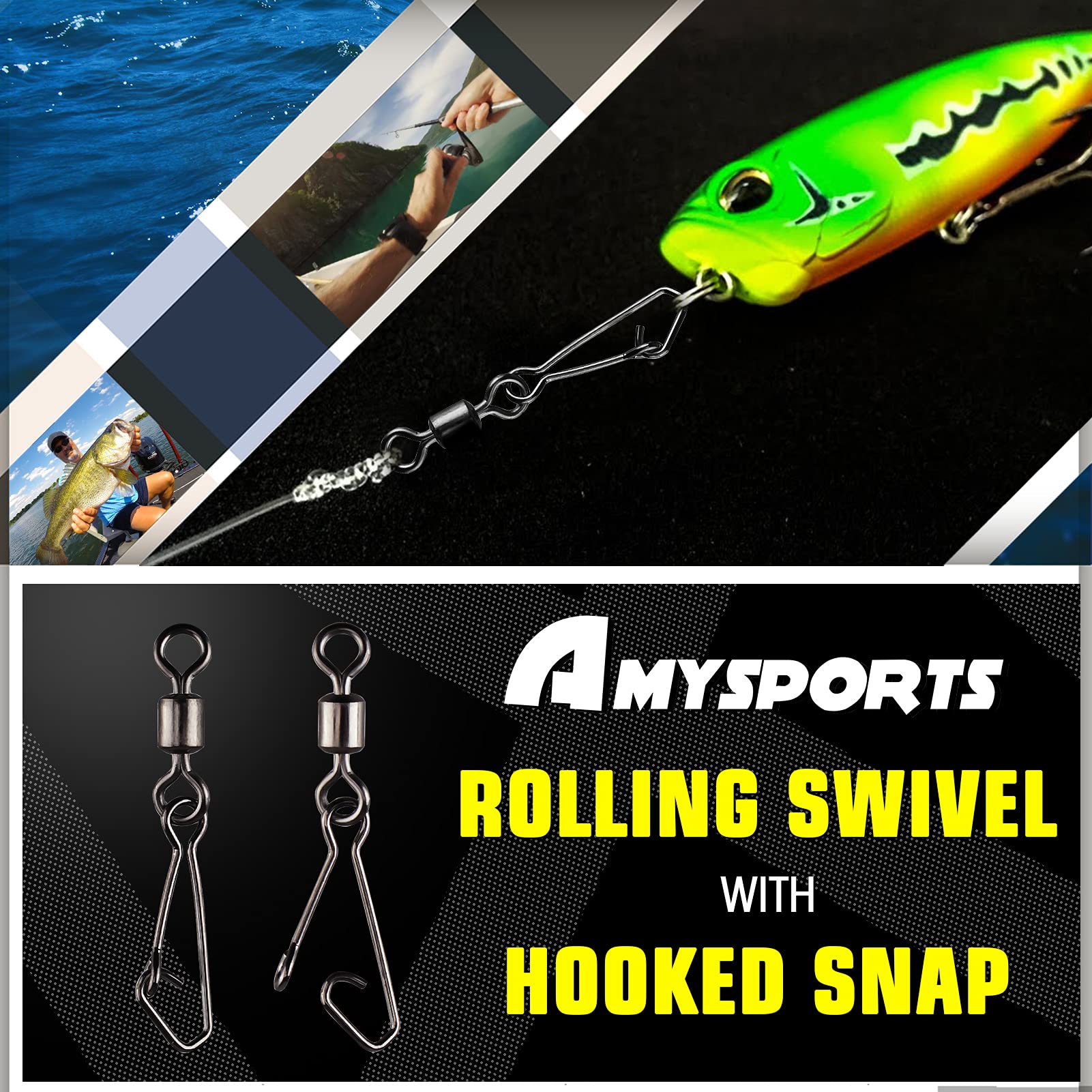 AMYSPORTS Saltwater Rolling Fishing Swivel Tackle High Strength Fishing Snap Barrel Freshwater Trolling Swivel Snaps Lock Lure Connector Accessories