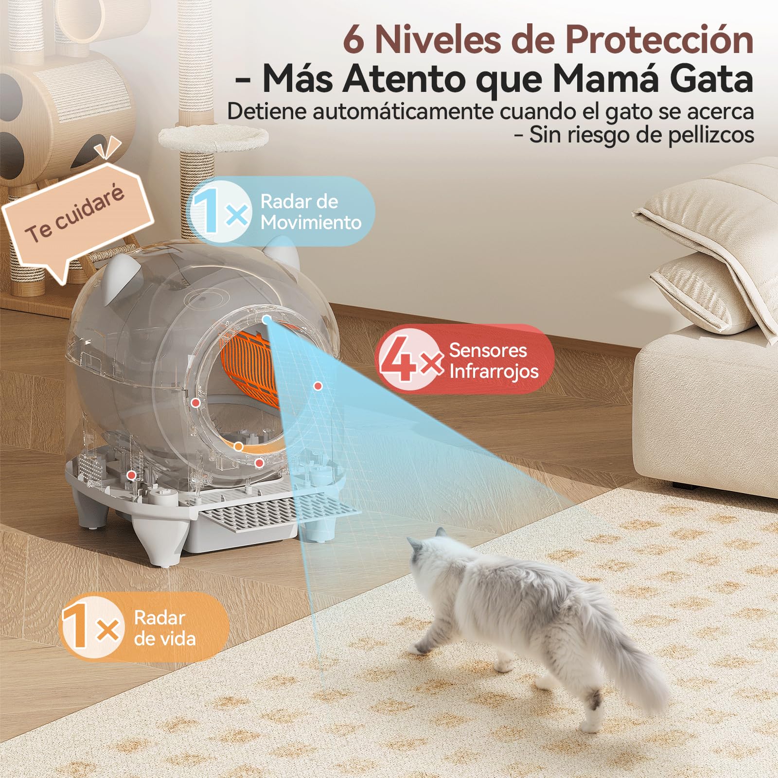 Devoko Arenero Gatos Autolimpiable Grande, 90L Gran Capacidad Arenero Automatico Gatos, Equipado con Sistema de 6 Seguridad, Compatible con Control App, Función Mejorada Eliminación Olores