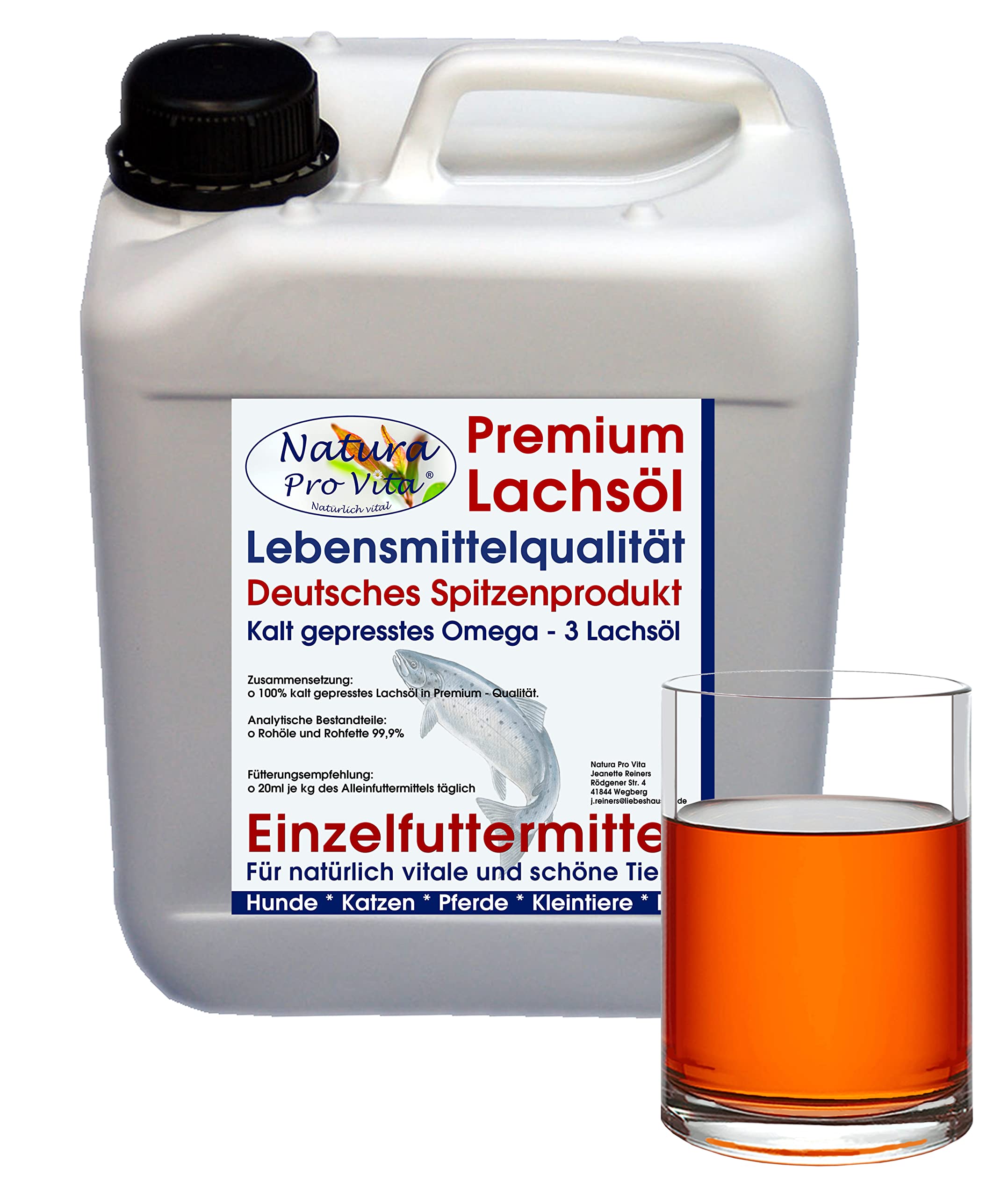 Lachsöl für Hunde Lebensmittelqualität Omega-3-Öl Natura Pro Vita kaltgepresst Fischöl gut für Haut und Fell Barföl Hund Immunkraft 20L (4X 5L)