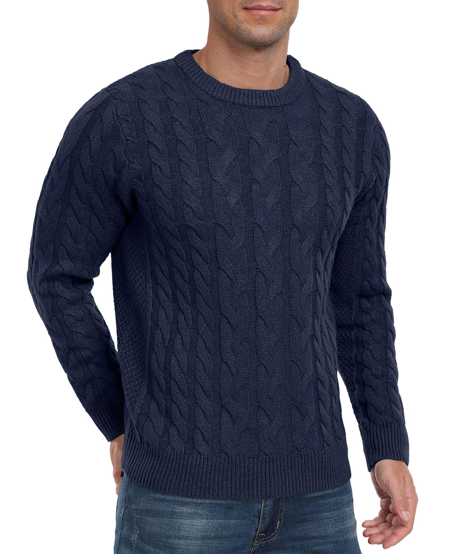 QIXING Jersey de punto trenzado para hombre, cuello redondo, casual, manga larga, suéter de punto grueso con borde acanalado