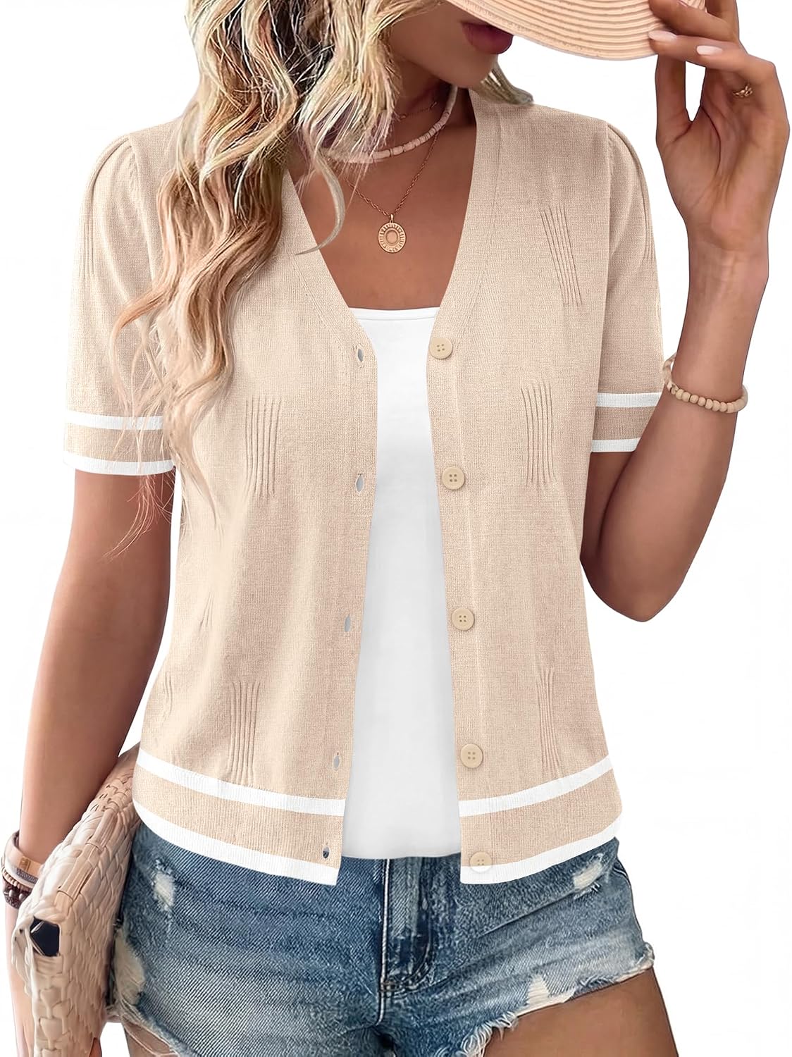 AKEWEI Womens Cardigan V Neck Short Sleeve Lightweight Knit Cropped Sping Summer Cardigans Sweaters