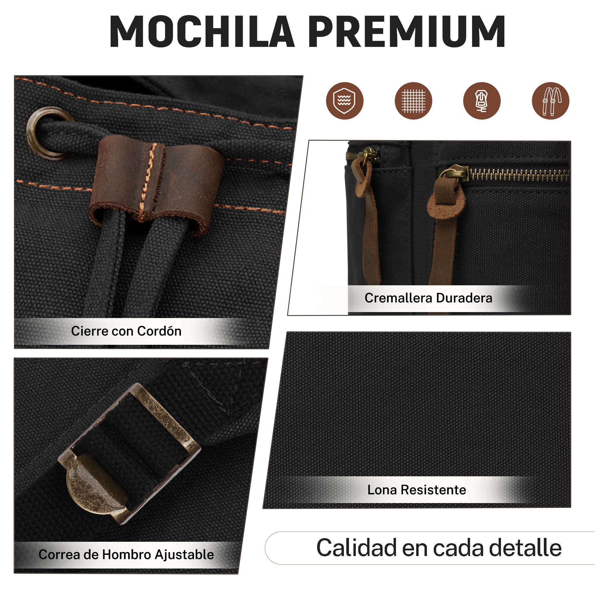 Retro Mochila Hombre Lona Mochila Portatil 15,6 Pulgadas Vintage Canvas Mochilas de Viaje Casual Daypack para Trabajo Camping Senderismo Universidad Bolsas Escuela Negro