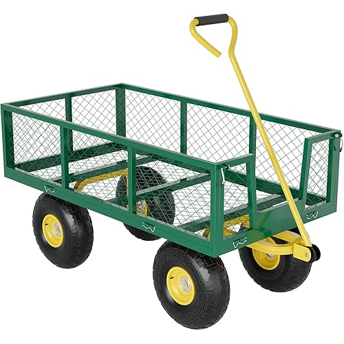 900 Lbs Garden Wagon, 2-in-1 Heavy-Duty Steel Garden Cart, with 10 Inch All-Terrain Tires and Removable Mesh Side Panels, 180° Rotating Handle, Metal Multi-Function Carts, Outdoor Gardens Wagon Cart