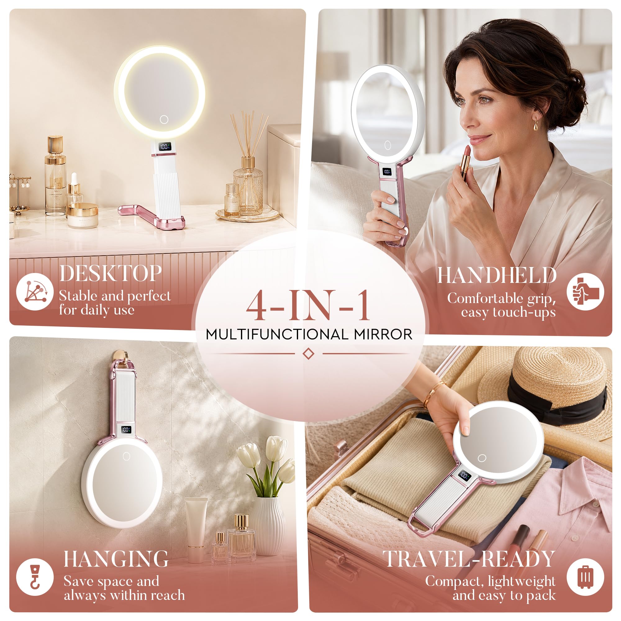 MIYADIVA Specchio da trucco da viaggio con luci, regolabile in altezza 30X/1X, specchio ingranditore a doppia faccia, specchio portatile con display digitale e supporto per telefono, da appendere al