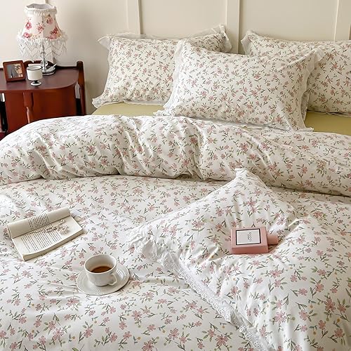 Miniatura 6 de EAVD Juego de funda de edredón de algodón con volantes y 2 fundas de almohada, diseño floral, retro, con cremallera