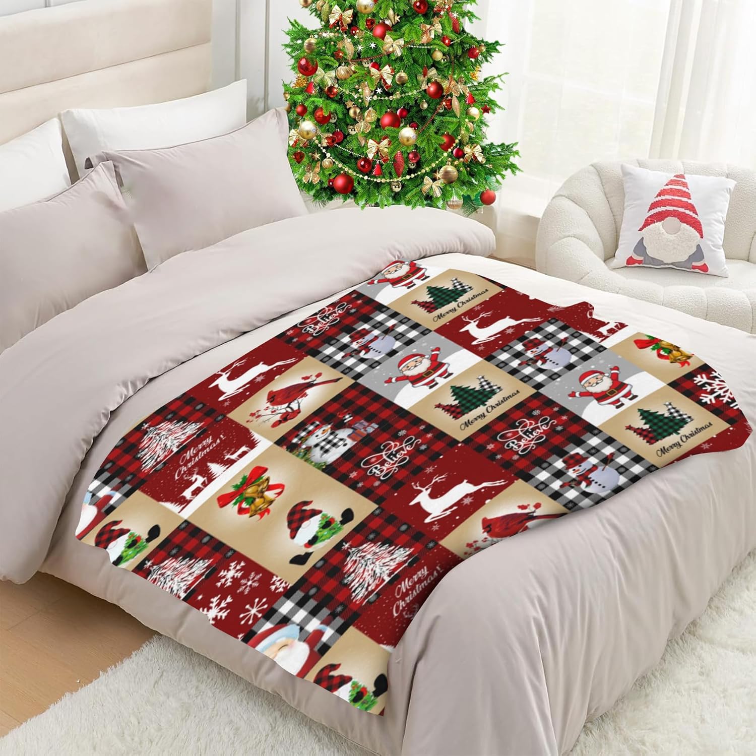 Luxury Plush Christmas Blanket Snowman Snowflake Deer Xmas Tree Buffalo Plaid Christmas Throw Blanket for Couch Lightweight Soft and Warm Throws Blanket for Sofa Bed Living Room in Fall Winter 60"x50"