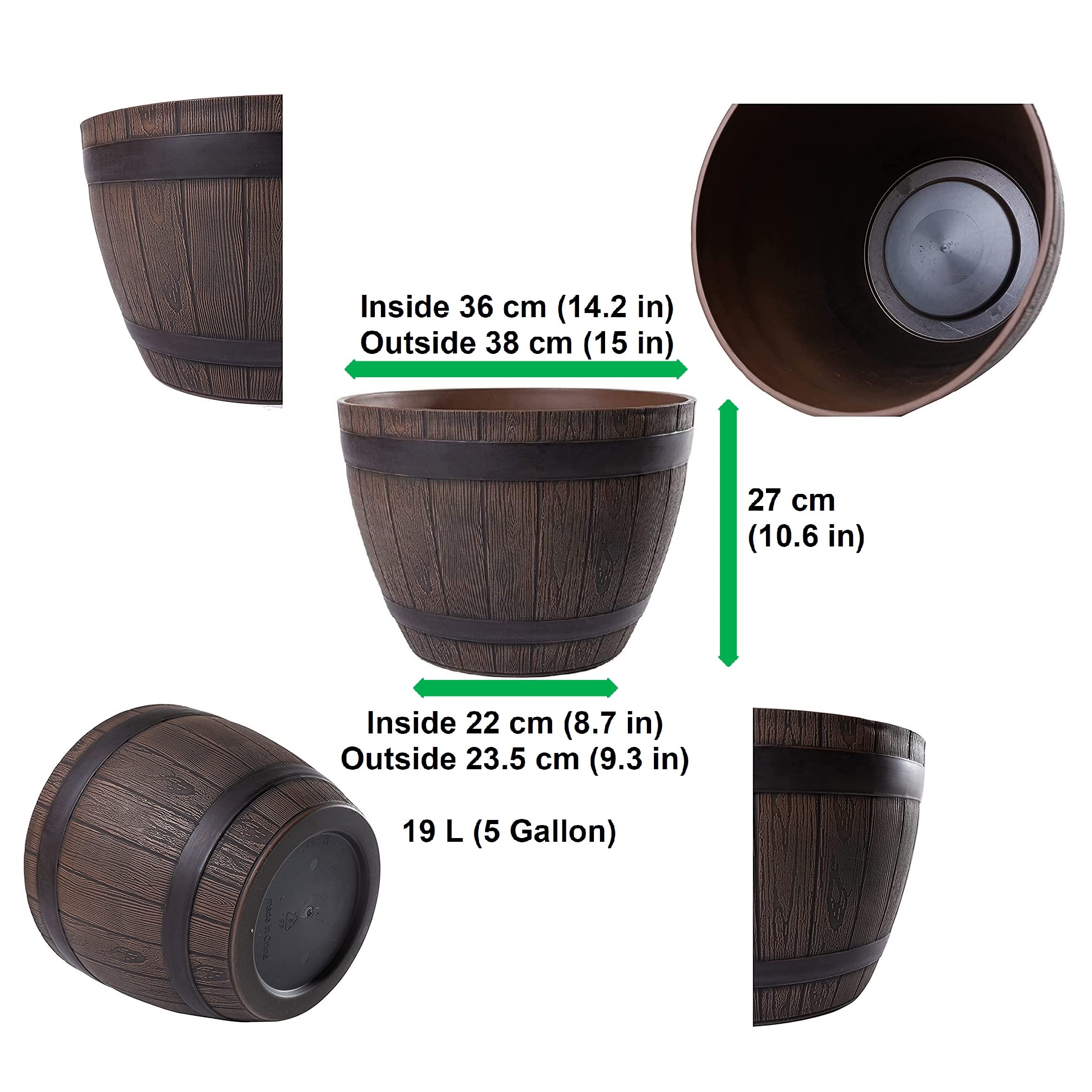 Pot de Fleur Extérieur en Plastique Imitation Bois – Design Tonneau – Ø38 cm – Léger, Résistant Gel & UV, Décoration Jardin & Balcon – Couleur Châtaigne