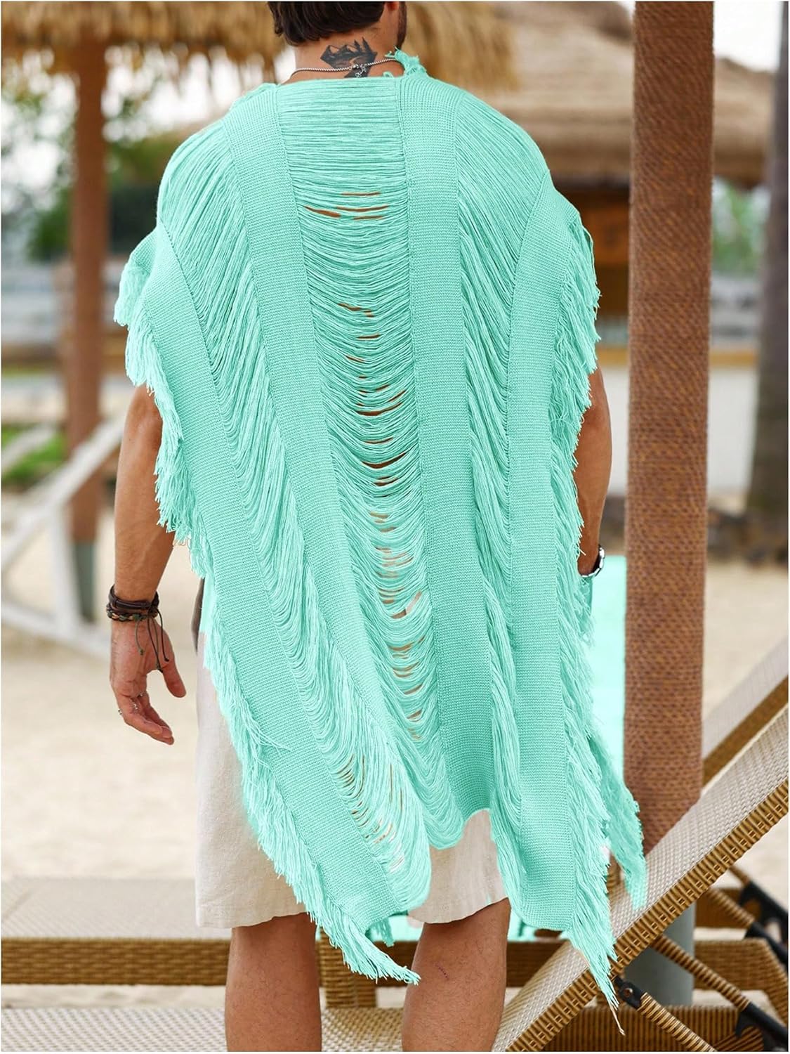 Verdusa Men's Knit Poncho Fringe Loose Cardigan Cape Knit Shawl Wrap Beach Vacation Outfits - Image 2