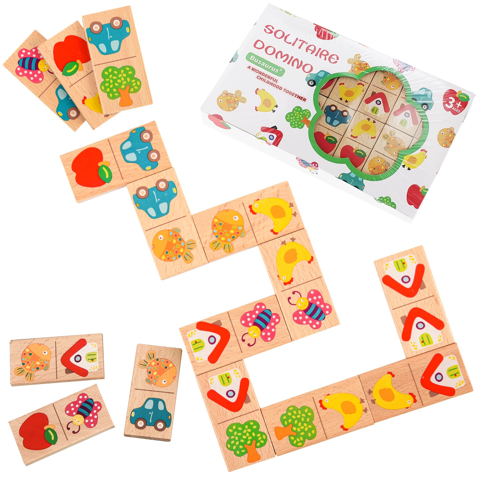 Busaurus- 28 Pcs Standard Edition Wooden Domino Puzzle Game - Multicolor Fruit & Animal Design, Educational Family Logic and Thinking Skill Development Toy, Kids Dominoes Set, Gift for Age 3+
