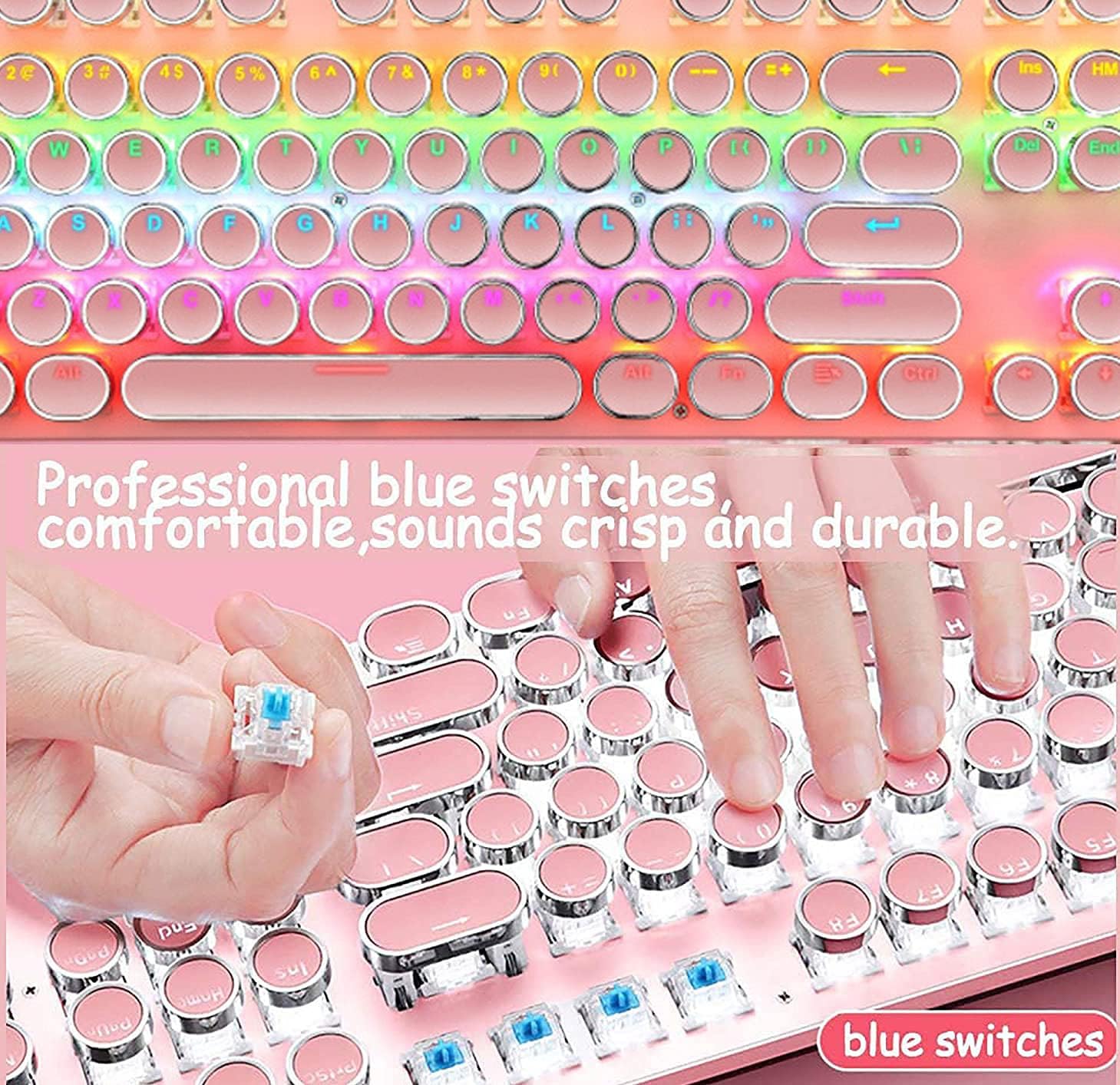 Gaming Keyboard,Pink Retro Punk Typewriter Style,Mechanical Keyboard 104 Keys Blue Switch with 9 True RGB Backlight Modes,Wired Cute Keyboard, Round Keycaps for Windows/Mac/PC
