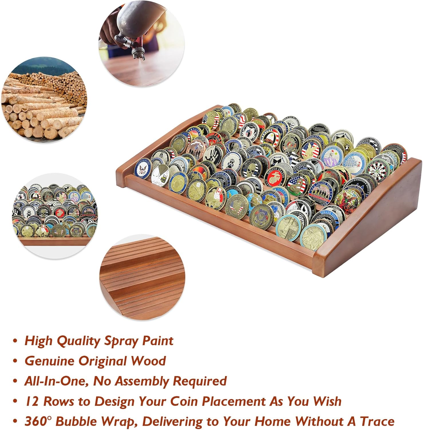 ASmileIndeep 12 Rows Solid Wood Military Challenge Coin Display Stand Holds 90-100 Coins Army Coin Holder Display Police Coin Rack for Countertop, Walnut