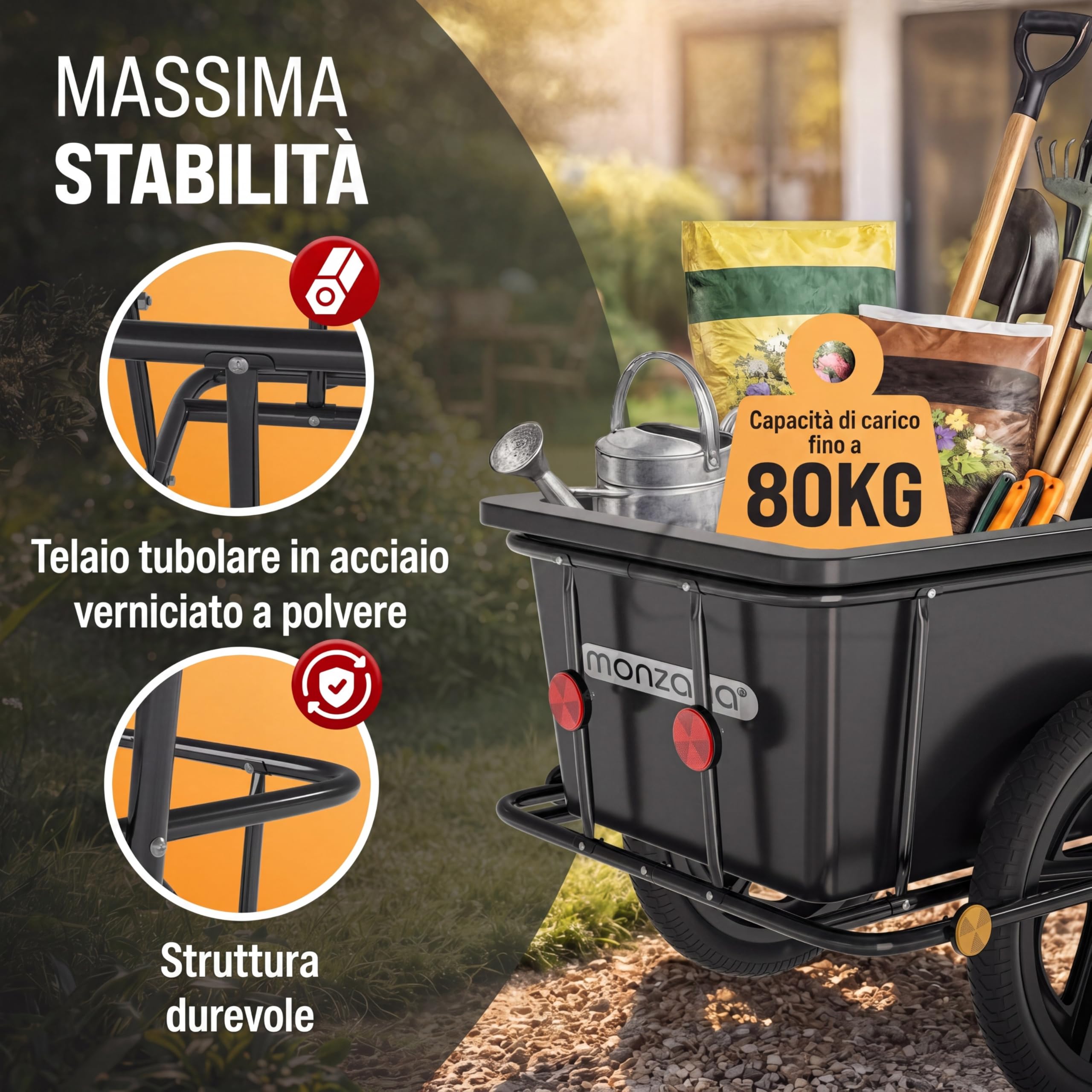 MONZANA® Rimorchio per Biciclette con Cassone in Plastica da 90L Gancio da Carico Carrello Trasporto Viaggi Bici Portaoggetti